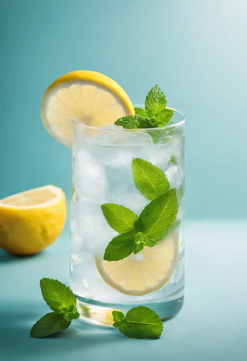 a refreshing cool drink in a glass with a slice of lemon and mint leaves on a glass table. It looks so refreshing that you want to drink it straight away, balanced and saturated colours, high colour depth, very detailed, details in shadows, high image sharpness, high resolution, no image noise, no artefacts
