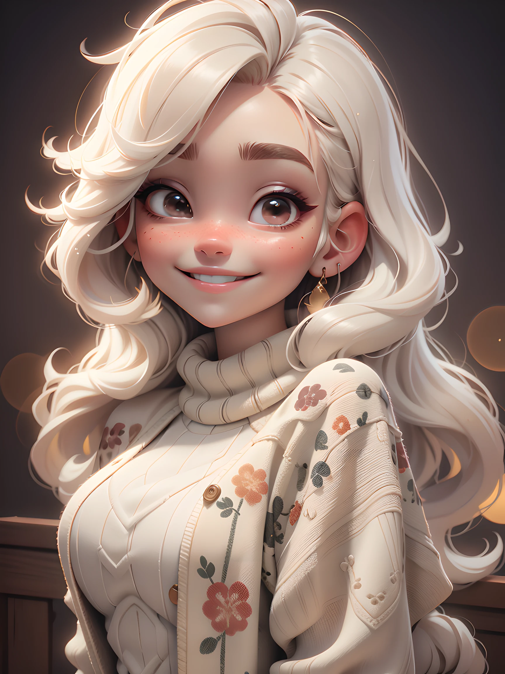 centered portrait of smiling girl with light skin and long blonde hair, detailed skin, look at viewer, white knit sweater, detailed textures, 8K, ultra detailed, glimmer in background, bokeh, sharp focus, cinematic lighting