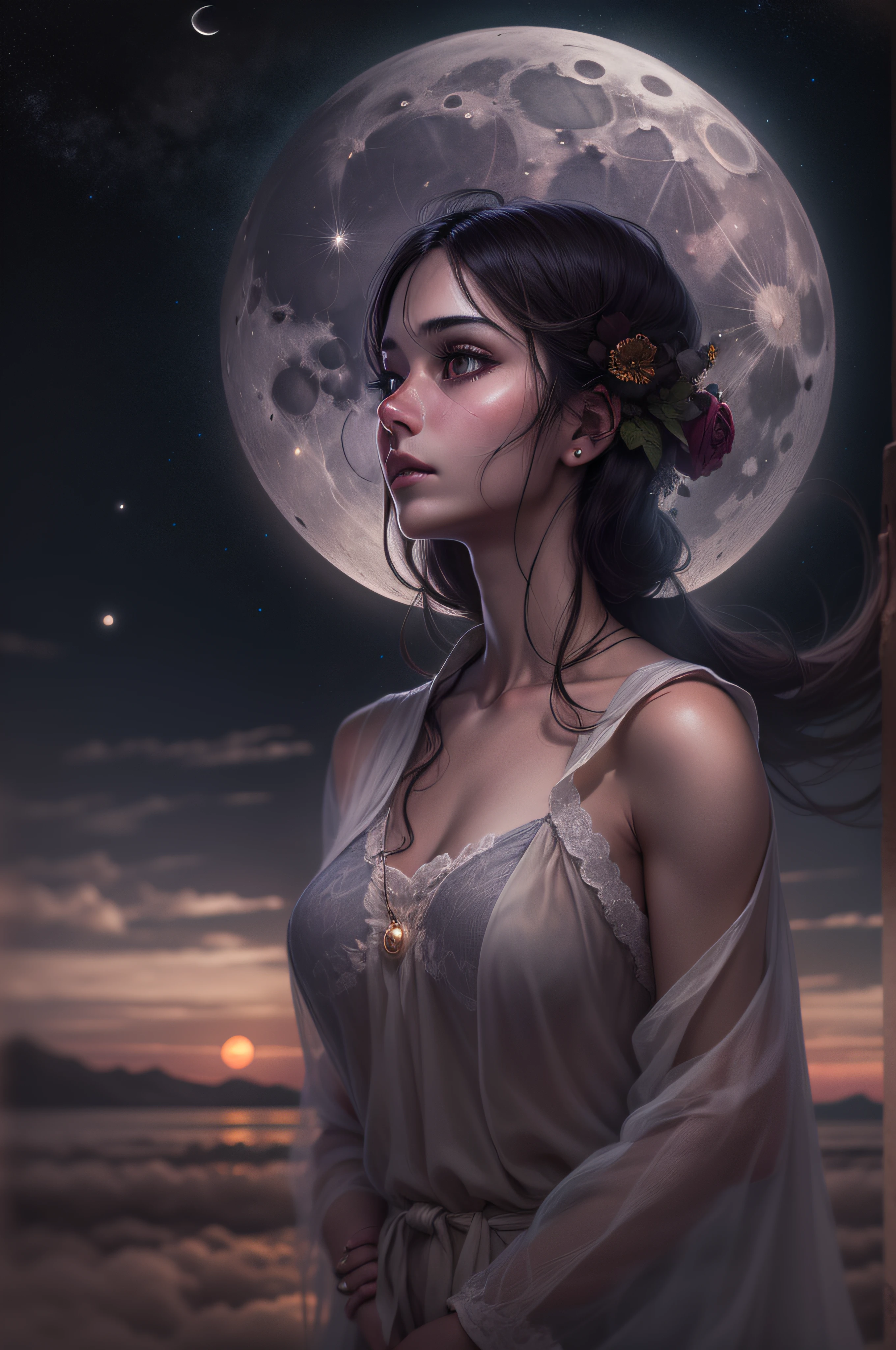 She stands in the moonlight, her gaze fixed on the horizon, her reply echoing in the night air. She is a moon being