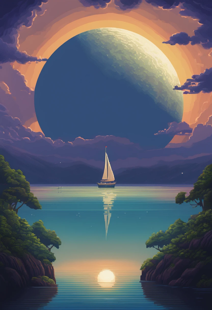 Pixel art of giant moon rising on calm sea, beautiful detailed pixel art, detailed pixel art, lo-fi retro videogame, concept pixelart, detailed pixel artwork, Pixel art style, pixel town, pixel art animation, high quality pixel art, Dolphins jump off the sea, super detailed color lowpoly art, #pixelart:3, # pixelart, #pixelart,Twenty-four solar terms,(夏天),scenecy,grassy