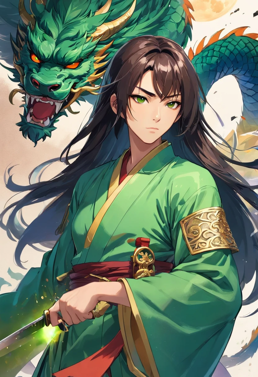 (((China-style，Ink painting method，Half-length portrait，Intense color，Han dynasty, China，Hanfu，Armor，Guan yu，Guan Yunchang，of a guy，Ruddy square face，Hold the Blue Dragon Moon Knife in his right hand，Stroke your beard with your left hand，Long hair，petty eyes，Green robe))), (((best qualityer))), (((tmasterpiece))), (((AS-Adult))), ((( Japanese ))), Look up from your knees, Handsome Asian samurai，perfect body figure, Modern samurai, ((( Asian))), Wear gloves on your hands，The left arm is made of steel and metal tips，Made of protective devices, The eyes are pulled, (( Appears below the chest )), (( Small dental floss )), Simon Bisley, Almost naked（Simon Bisley）Castle City Wilderness，For high-resolution posters, hair straight, Minimum clothing, armure (Crazy clothes ), Full of tips and rivets, tribal tattoos, (((full bodyesbian))), Straight brunette hair，Colored hair ends