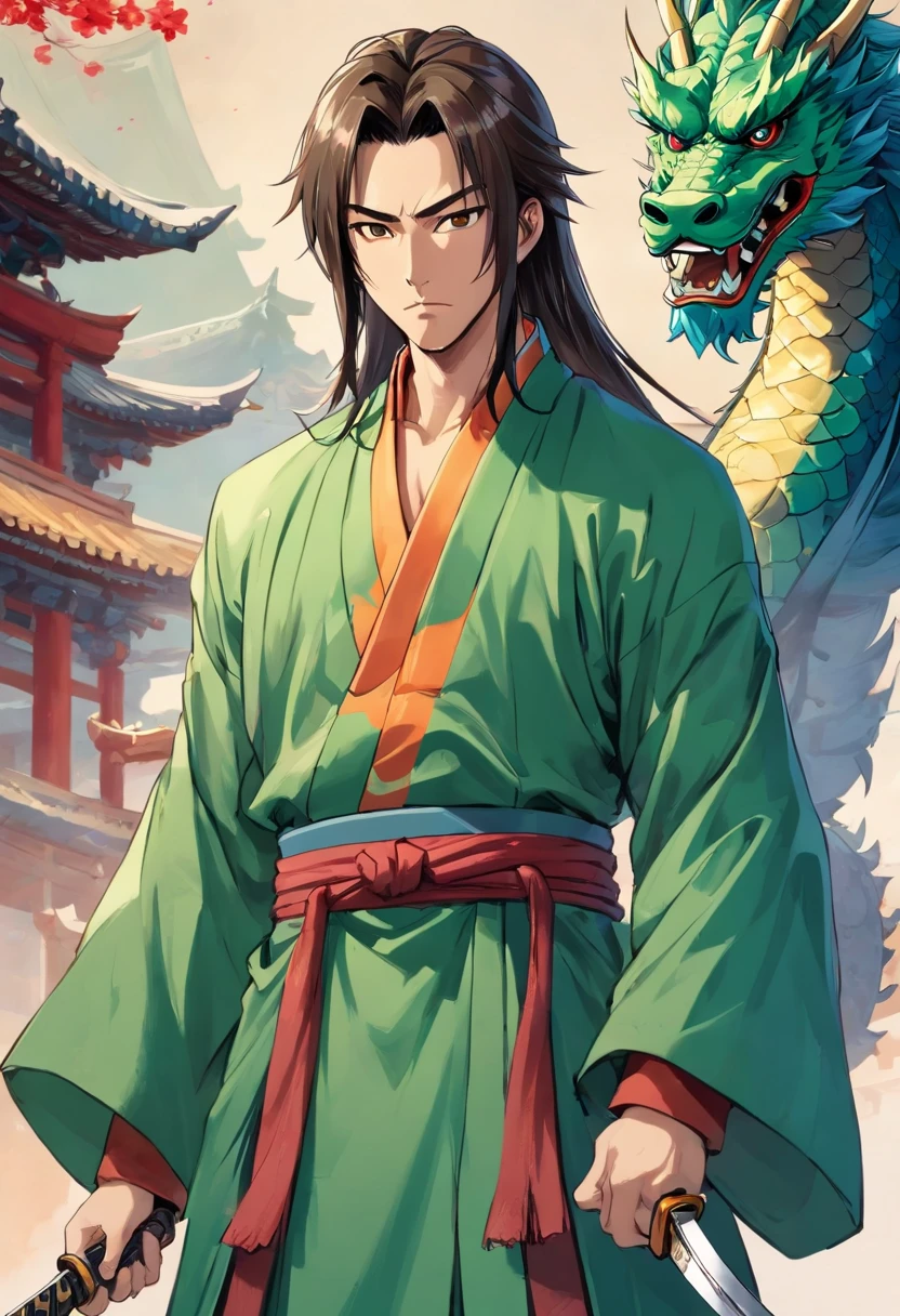 (((China-style,Ink painting method,Half-length portrait,Intense color,Han dynasty, China,Hanfu,Armor,Guan yu,Guan Yunchang,of a guy,Ruddy square face,Hold the Blue Dragon Moon Knife in his right hand,Stroke your beard with your left hand,Long hair,petty eyes,Green robe))), (((best qualityer))), (((tmasterpiece))), (((AS-Adult))), ((( Japanese ))), Look up from your knees, Handsome Asian samurai,perfect body figure, Modern samurai, ((( Asian))), Wear gloves on your hands,The left arm is made of steel and metal tips,Made of protective devices, The eyes are pulled, (( Appears below the chest )), (( Small dental floss )), Simon Bisley, Almost naked(Simon Bisley)Castle City Wilderness,For high-resolution posters, hair straight, Minimum clothing, armure (Crazy clothes ), Full of tips and rivets, tribal tattoos, (((full bodyesbian))), Straight brunette hair,Colored hair ends