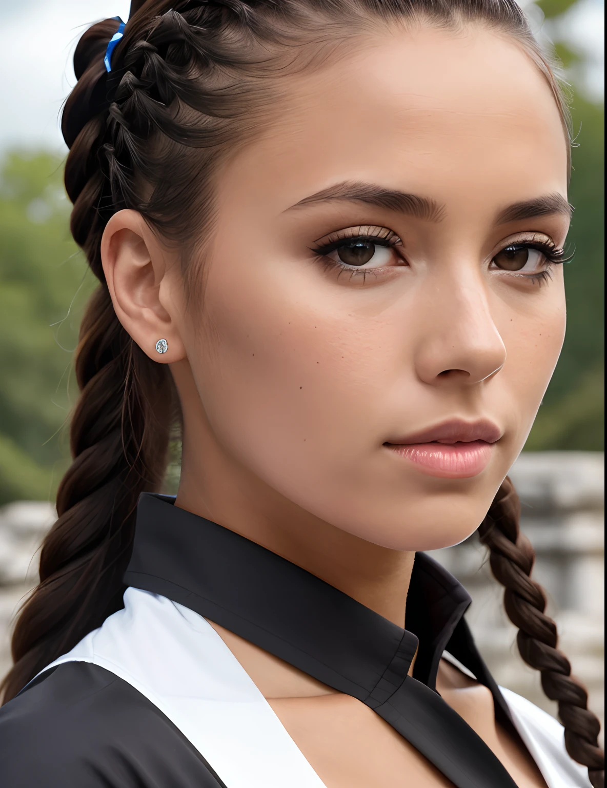 breathtaking (closeup:1.2) photo of skswoman, 1girl, braided ponytail, black shirt, background ancient maya ruins, professional, 4k, highly detailed . award-winning, professional, highly detailed