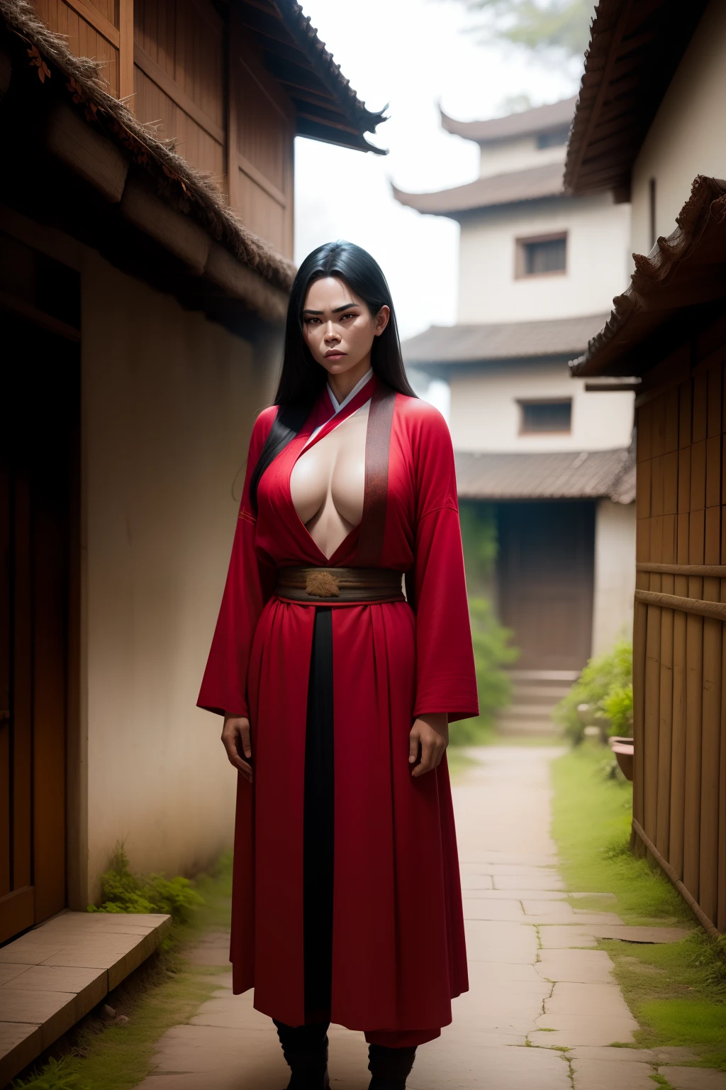 (NSFW) jovem mulher, de longos cabelos negros,tiara prendendo os cabelos,olhar atento,sensual e voluptuosa,usando uma roupa antiga hunfa wuxia,roupa cor vermelha,standing near the staircase of some martial sect,imponente,holding a sharp long-bladed sword with one hand and with the other a heavenly scroll (cena detalhada,Filme,natural  lightting)arte inspirada em Novela estilo Wuxia.