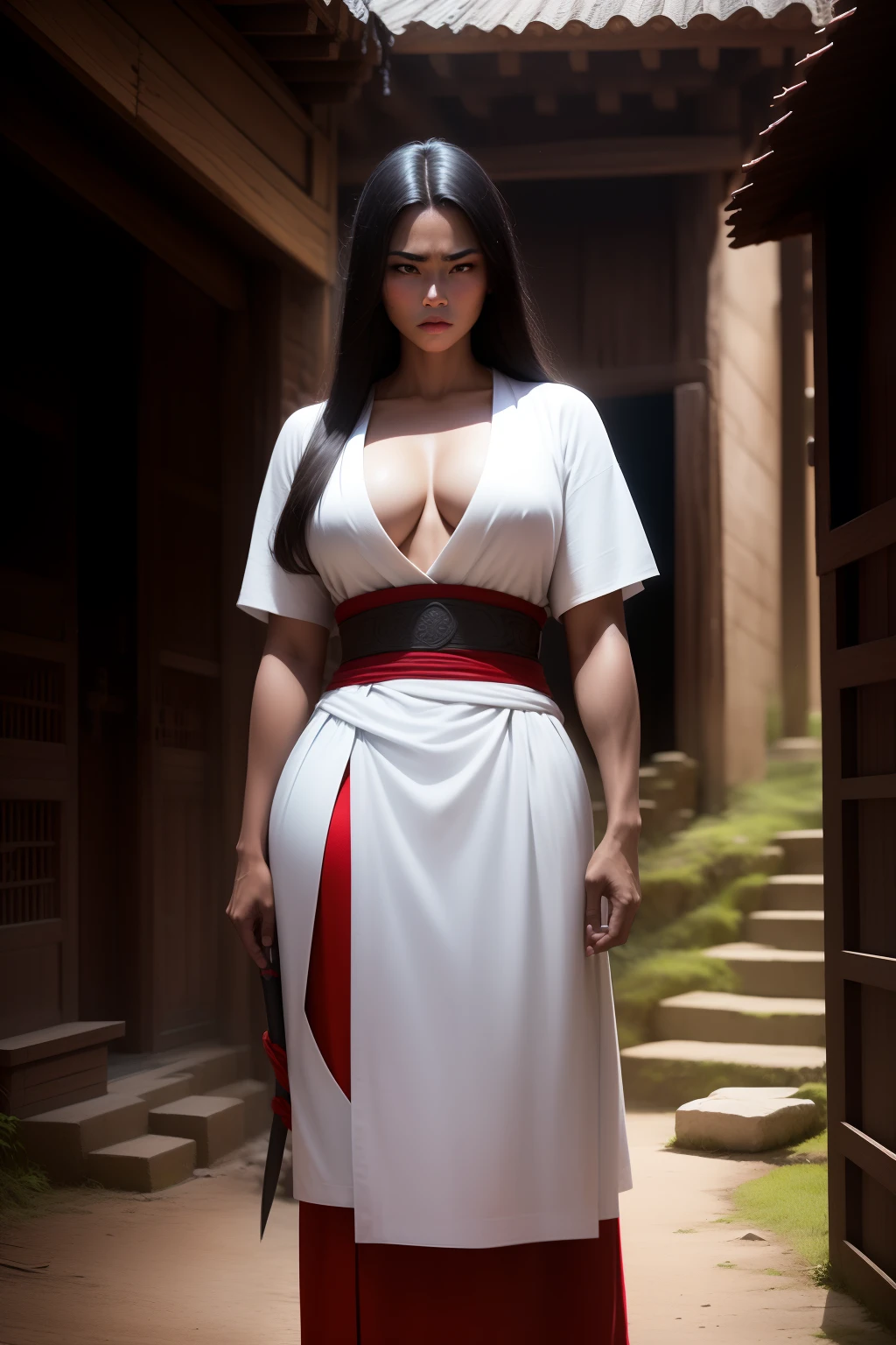 (NSFW) jovem mulher, de longos cabelos negros,tiara prendendo os cabelos,olhar atento,sensual e voluptuosa,usando uma roupa antiga hunfa wuxia,roupa cor vermelha,standing near the staircase of some martial sect,imponente,holding a sharp long-bladed sword with one hand and with the other a heavenly scroll (cena detalhada,Filme,natural  lightting)arte inspirada em Novela estilo Wuxia.