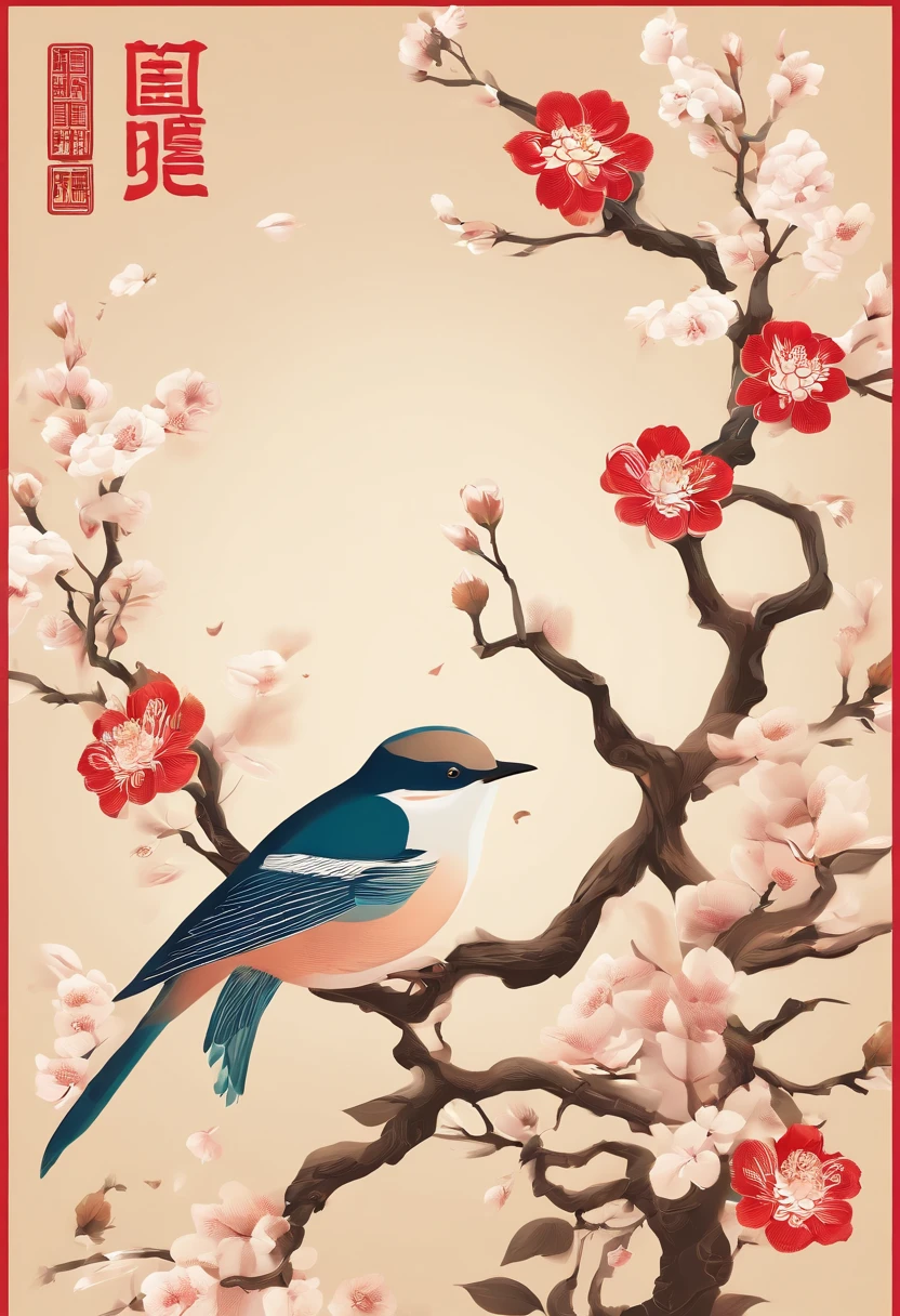 Spring,Traditional Chinese solar terms,early spring,(((Spring flowers))),National style,On the flower branches((Thrush))