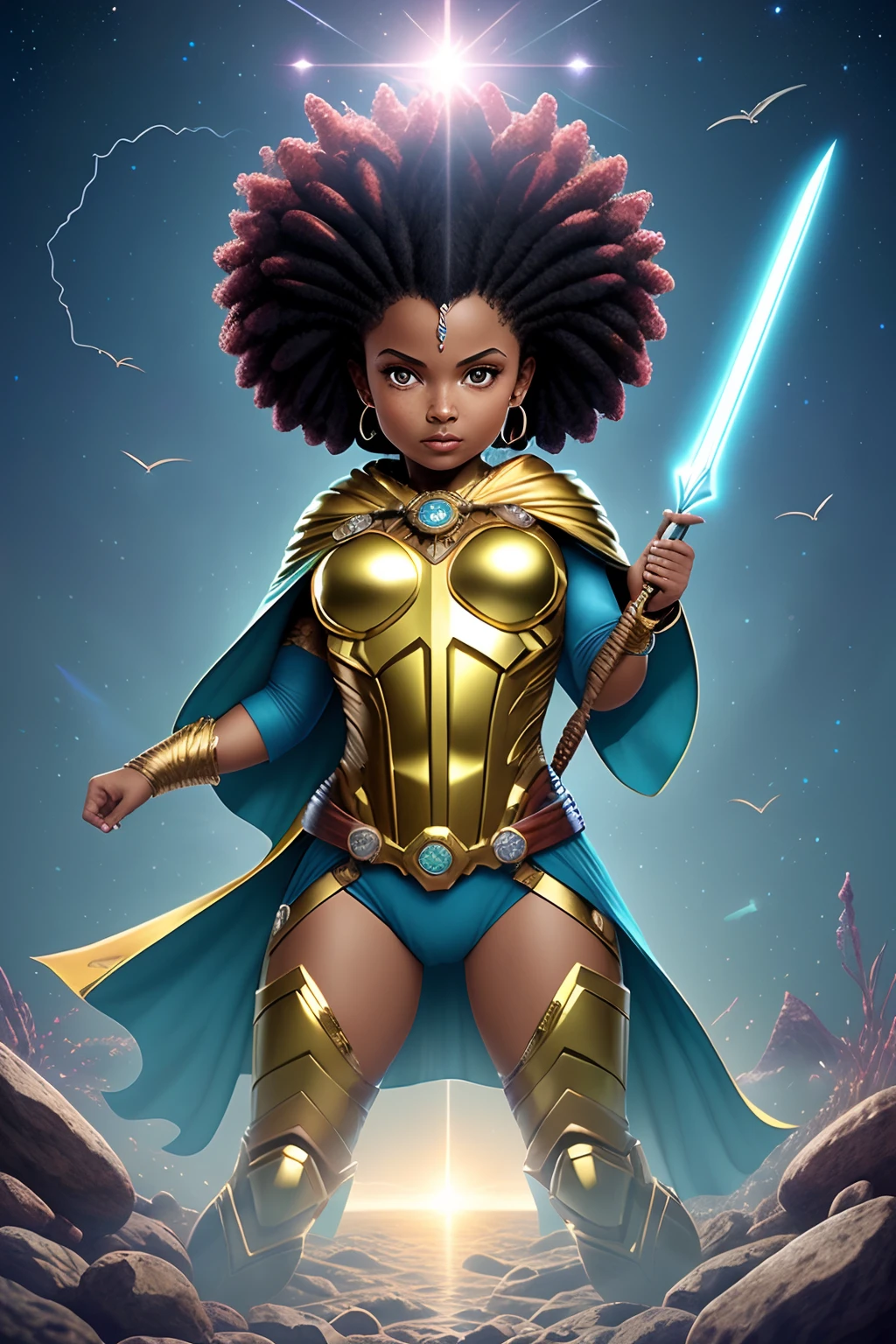 Uma mulher Moreno, de cabelo afro cabelo caindo para frente, Rasta type but braided, holding a spear in, Shape Dana spearhead informs of a , e um escudo em forma de ,, com belos seios corpo perfeito com , a wide thigh is beautiful a woman, com seios lindos corpo perfeito, uma coxa larga, is beautiful a destination with ,vario expression sexual pose, erotic superheroine, vestindo ultraje, a partir bandeira de Cabo Verde, with a star in the middle and 10 islands on the superhero cover, erotic cosmic fallen angel, olhos claros brilhantes, Biomechanicals, estranho, assustador, pesadelo, cores muito brilhantes, light particles, com luz brilhante, Mshiff, Arte do papel de parede, UHD Summoner Wallpaper Barefoot Female Levitating with Hair , robes and arms of cloak raised on a broken earth, luz de lava brilhante de baixo do campo de asteroides (rochas irregulares, pedregulhos e detritos disparando para o ar:1.3) (tempestade de detritos de poeira ventosa:1.1) Volumetric mist mist ray tracing z pass bright light from below, (obra-prima) (melhor qualidade) (detalhado) (8k) (cinematic lighthing) (foco nítido) (intrincado)