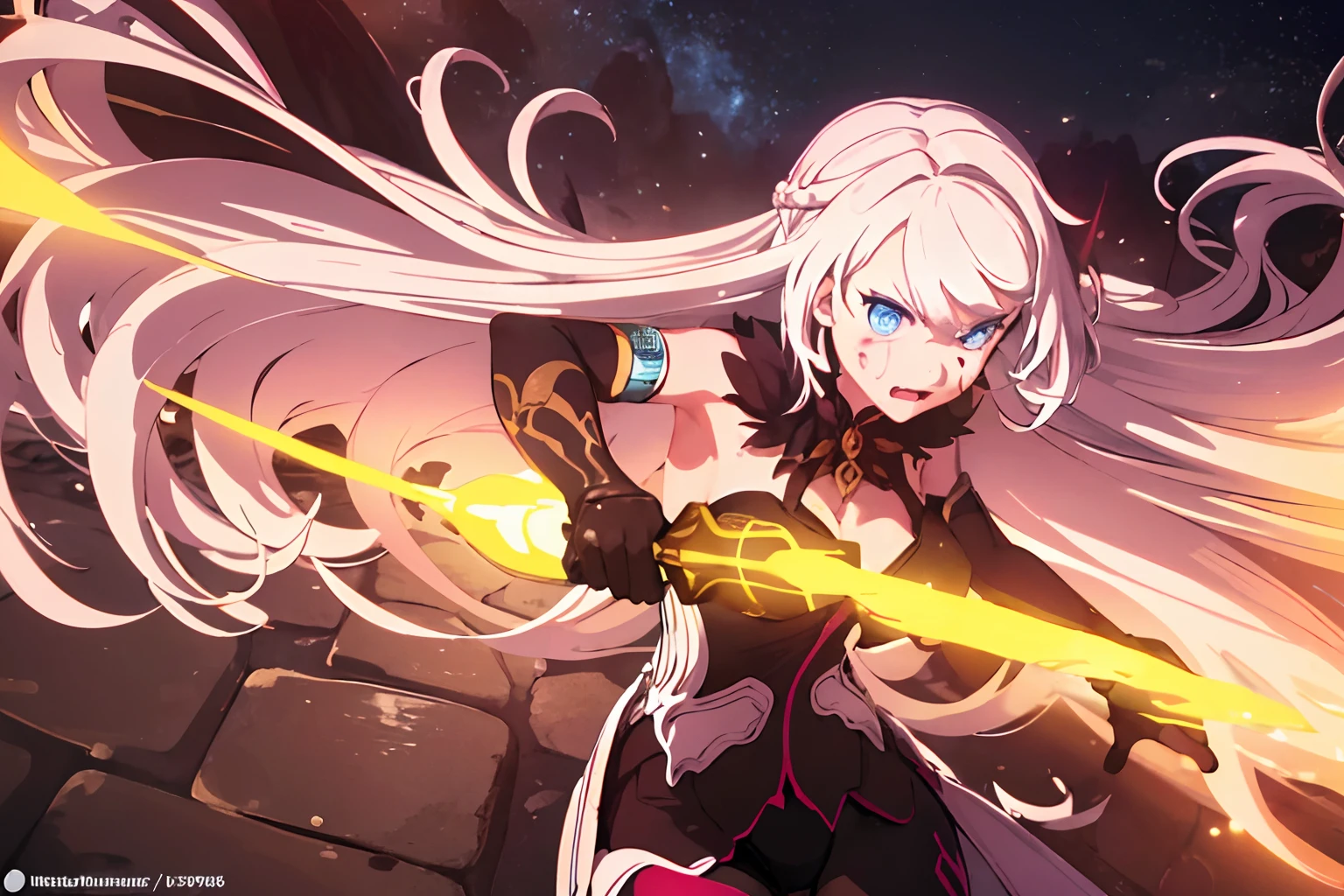 masterpiece, best quality, ultra-detailed, illustration, warm lighting, bright colors, 8K wallpaper, 1girl, full body, solo, very long hair, white hair, blue eyes, mouth closed, angry, fighting, wounded face, cut marks, holding, in her hands, 2 guns, night, moon, outdoors, outdoor