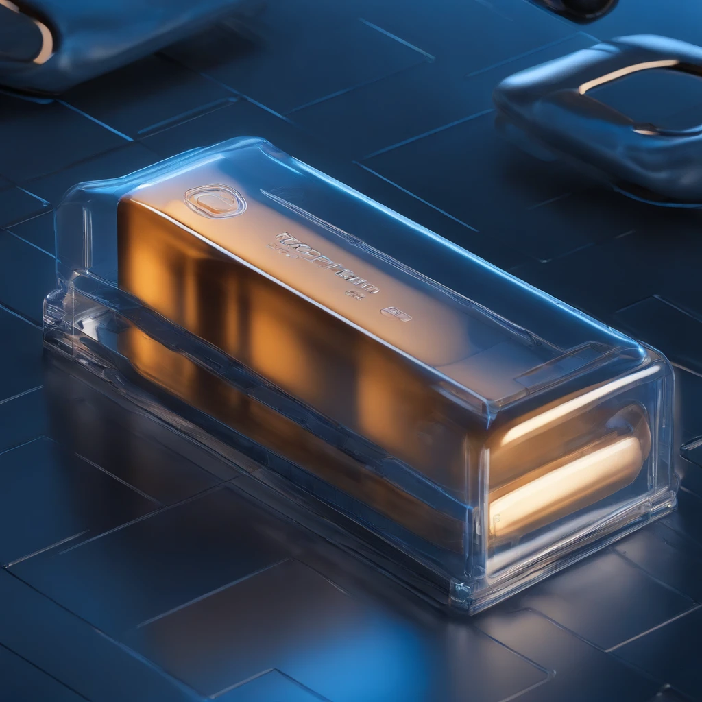 Conceptual drawing of a transparent blue cuboid battery on the ground, Beautiful and realistic atmosphere on white surface, environment, Detailed, Realistic, concept-art, Unreal Engine 5, structure, Sci-fi, Ray tracing, .CGI, Perfect visuals, lighting, smooth, Movie, screen space reflextions, Environmental occlusion, Scenes, Aesthetics, full bloom, Shadows, Perfectly drawn, textured, Cinematic, Sharp edges, HDR effect, Blender 3d, Resource Library, Art Station, Realism, retro-futurism, 90's, 80shair, retro effect, vaporwave, chillwave, Close up, synthetic wave, Vintage wave,