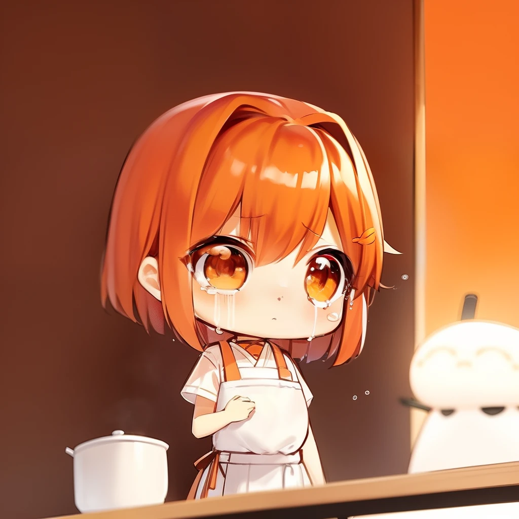 masterpiece、detaileds、Kintaro's apron、Soft lighting、Long redhead goth cat girl、Orange-eyed chibi、white backgrounid、simple background、Cooking failure、Large tears、shock、mournful