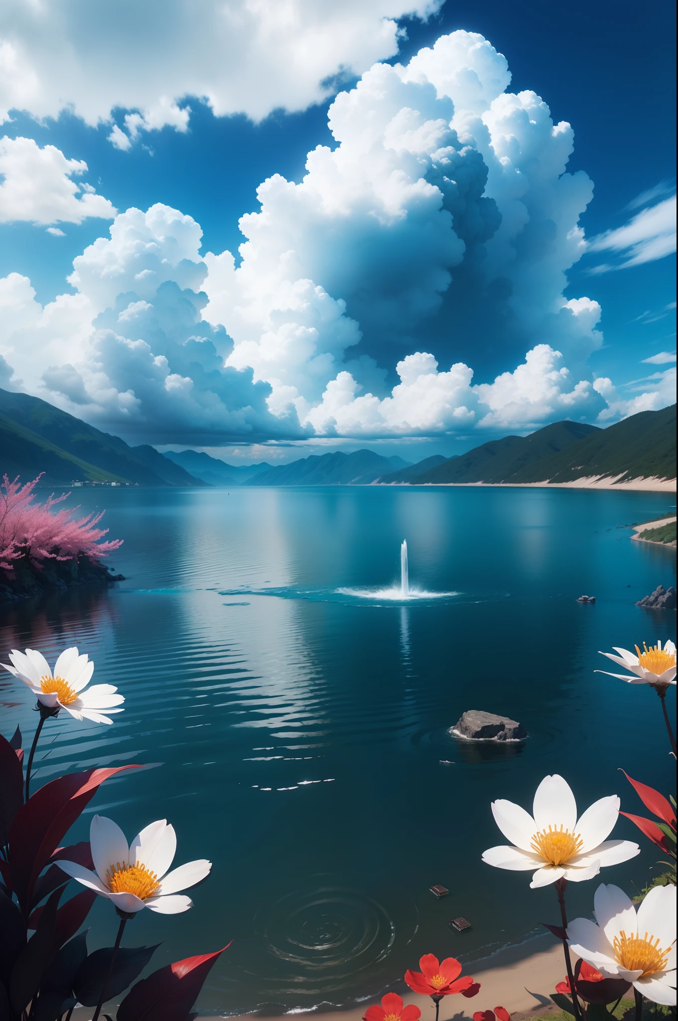 夏天, Prados, flor, lago, heaven, nuvem, blue skies, ensolarado, Detalhe HD, hiper-detalhe, cinemactic, luz suave, Foco em campo profundo