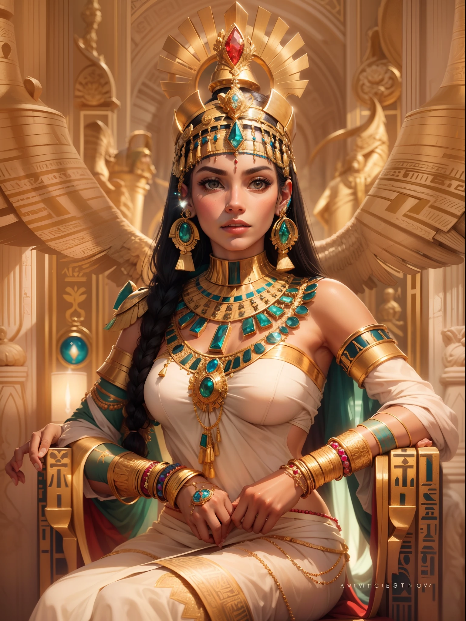 Suitable for the queen's illustration style, Create a majestic portrait of Cleopatra, Egyptian pharaoh, Decorated with ornate gold jewelry. Let her gaze radiate strength and wisdom，Because she wears an intricate headdress，It is set with dazzling gemstones, Her neck is adorned with a lavish gold necklace. Bring the charm of ancient Egypt to life in this palatial depiction