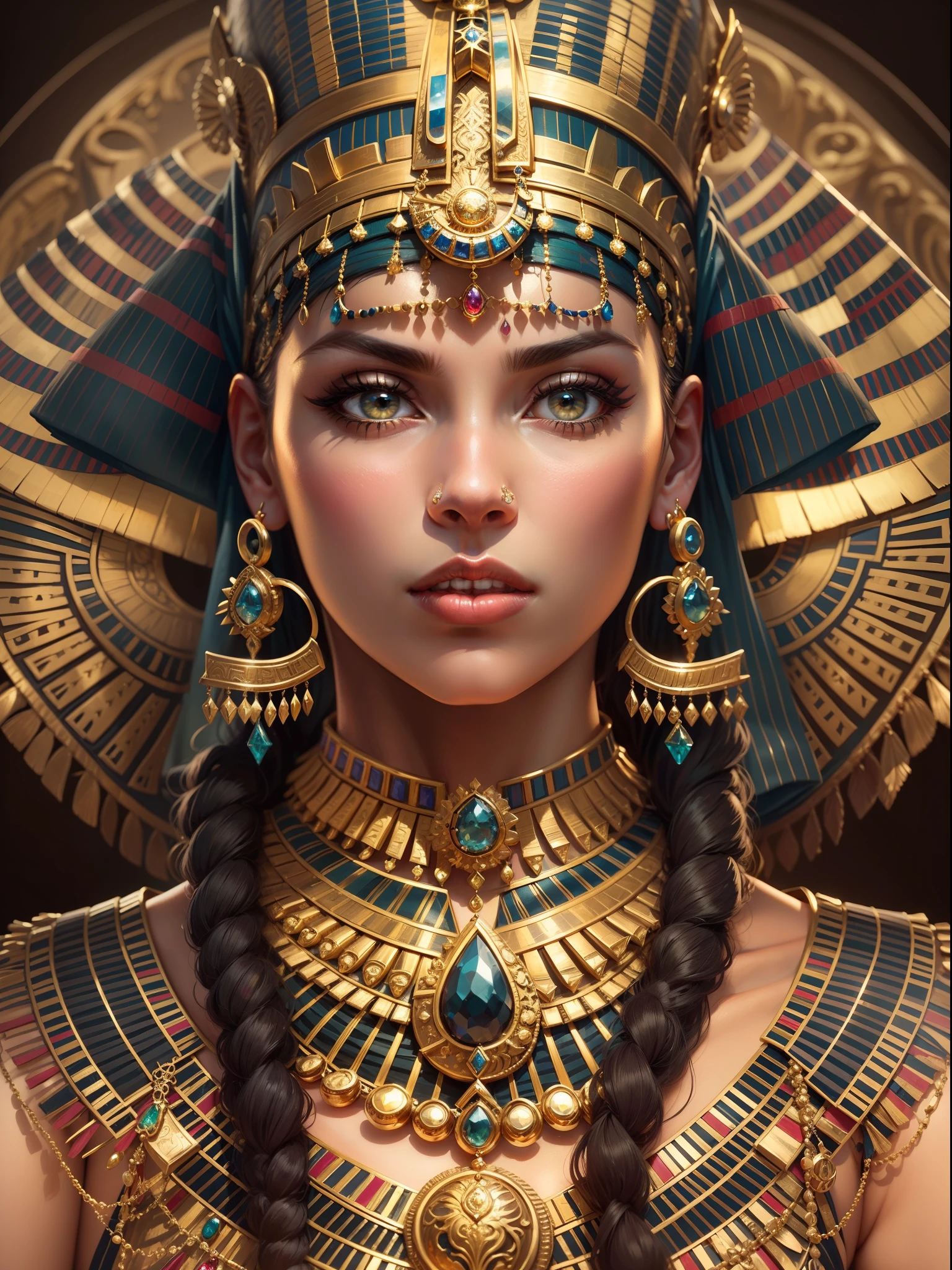 Suitable for the queen's illustration style, Create a majestic portrait of Cleopatra, Egyptian pharaoh, Decorated with ornate gold jewelry. Let her gaze radiate strength and wisdom,Because she wears an intricate headdress,It is set with dazzling gemstones, Her neck is adorned with a lavish gold necklace. Bring the charm of ancient Egypt to life in this palatial depiction