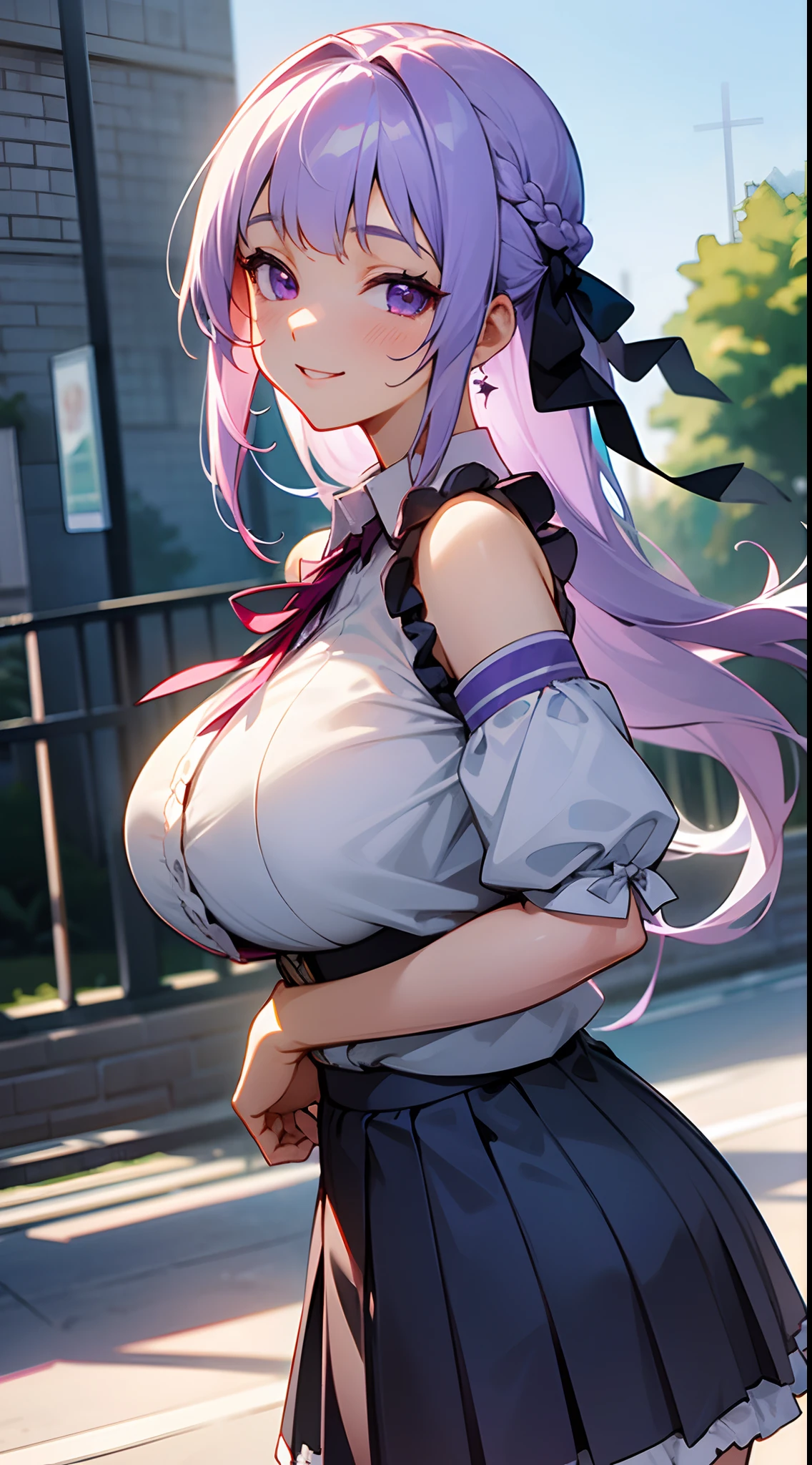 1 girl, game CG, frilled shirt that shows shoulders, short skirt, hair ribbon, gigantic breasts, light purple hair, long hair, french braid, purple eyes, outdoors, smile, looking back,