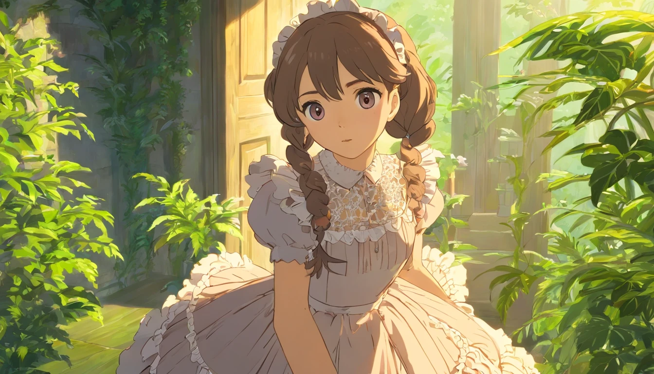 1girl,frill gothic ta, dress, (lace:1.4),dynamic pose,(face close up:0.9),indoors,plants,