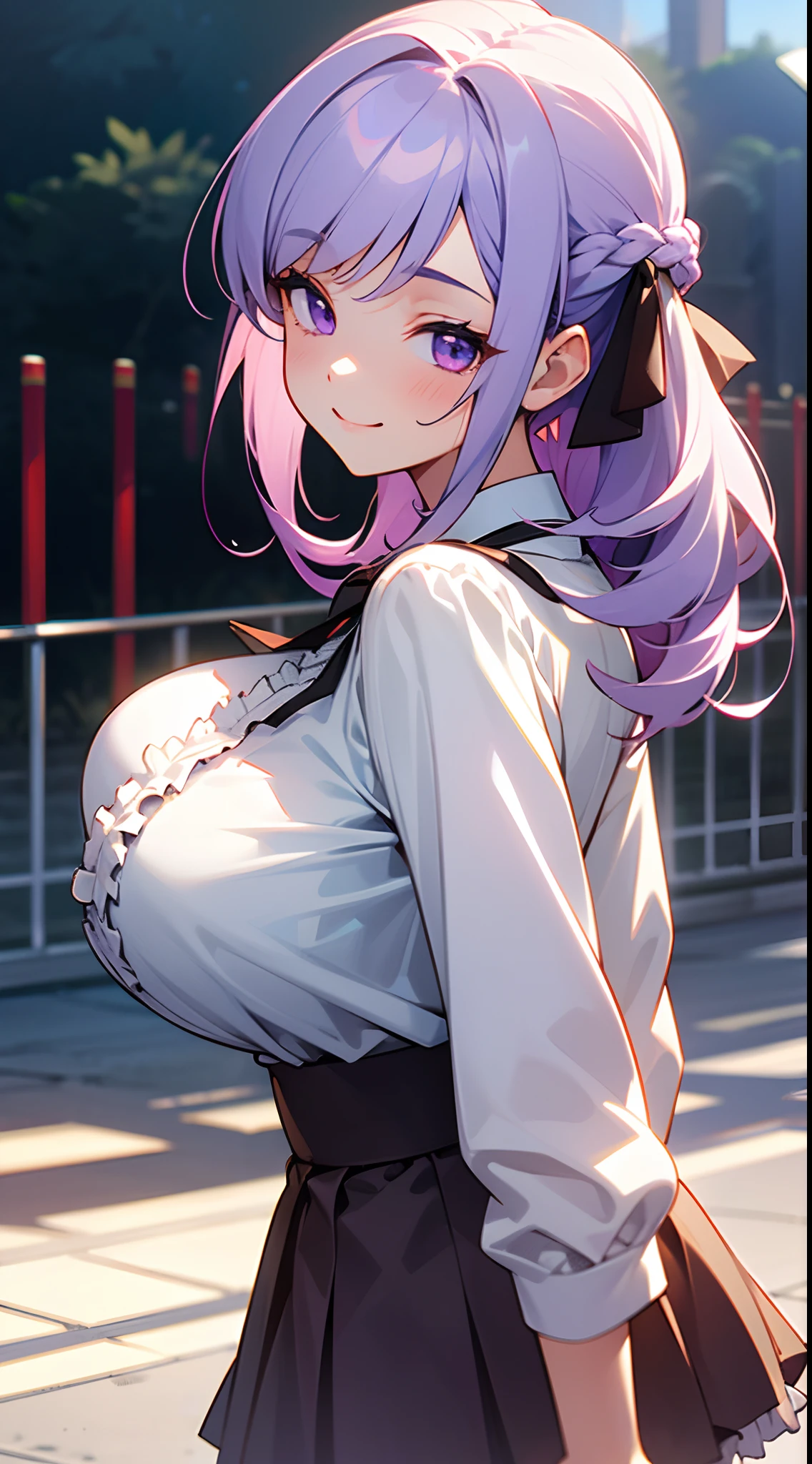 1 girl, game CG, frilled shirt that shows shoulders, short skirt, hair ribbon, gigantic breasts, light purple hair, long hair, french braid, purple eyes, outdoors, smile, looking back,