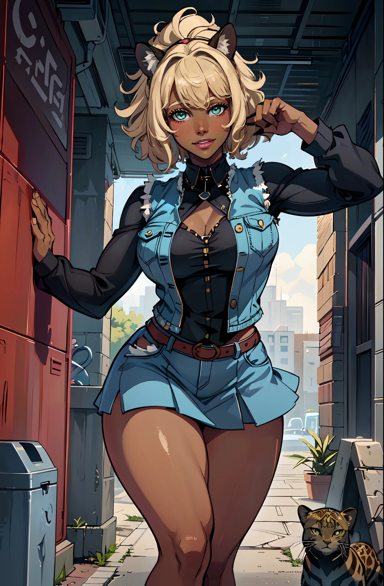 (1girl:1.1), fantasy, ((perfect female figure)), Looking at Viewer, Mature leopard woman, (((leopard ears:1.2))), (((black woman, very_dark skin:1.1, dark chocolate skin:1.1))), with a full leg sleeve tattoo ((leopard print:1.1)), leopard legs, Detailed texture of skin, hairstyle ((((blonde Afro:1.1)))), eyes ((musk green, cat pupils, cat eyes, beautiful eyes, perfect eyes)), wearing ((blue denim vest, open vest, black shirt, denim skirt, blue skirt)), Standing, (Teasing), best quality: 1.1, seductive posture, sexy pose, seductive, (Beautiful), (Curvy), (thick), toned legs, fit, (Abs:1.1), ( big butt:1.4), peach ass, (athletic body:1.2), (big_breasts:1.1), wide_hips:1.5, slim body:1.2, (thick thighs:1.3), (glowing skin:1.2), ((Solo1:1))[ Unparalleled masterpiece, ultra realistic 8k CG, Perfect artwork, (HDR), (Street:1.2), Nikon D850 film stock photograph Kodak Portra 400 camera f1.6 lens, rich colors, realistic texture, dramatic lighting, Unreal engine, trending on ArtStation, Directed by: Gerald Brom, Directed by: Frank Frazetta, Directed by: Luis Royo, Directed by: Julie Bell, Directed by: Boris Vallejo] |human ears|