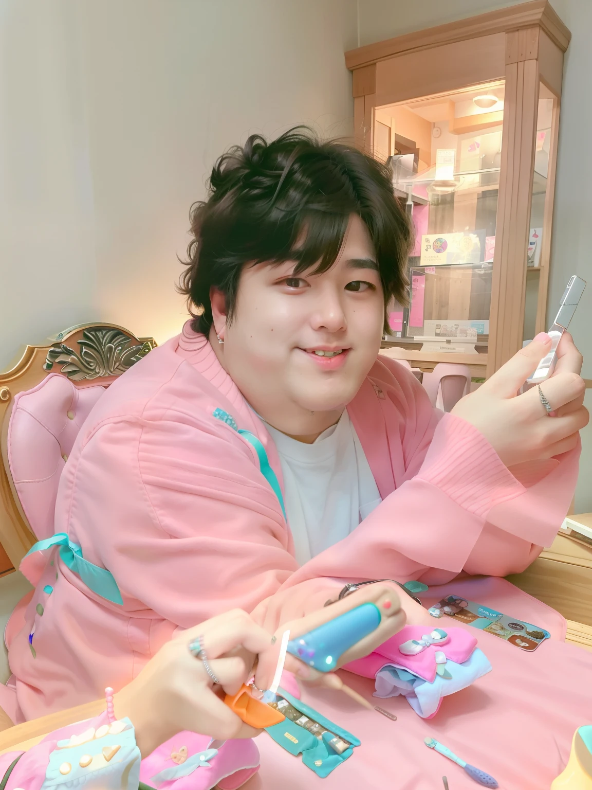 there is a man sitting at a table with pink hair and a cell phone, andy milonakis, lawther sit at table playing dnd, twitch streamer / gamer ludwig, looking at his phone, chris chan, he is holding a smartphone, profile picture 1024px, taken in the early 2020s, facebook post, very very low quality picture