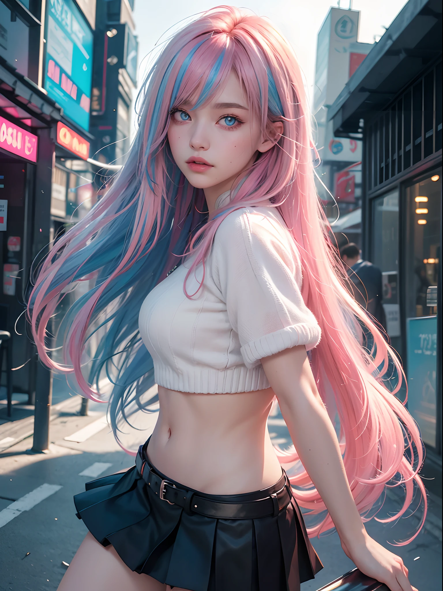 Unbeatable masterpiece, Ultra photo realsisim, Perfect artwork, Intricate details, Best quality, Strong light,High contrast, Dynamic pose, Masterpiece , Splash color ,Soft lighting , (cocktail glass) , 1girll , Solo ,multicolored hair , ((Gradient hair) , White+(Red)+(Blue:0.5) Hair) , Very long hair, Messy hair , bangs , ahoge , ((Gradient eyes), Blue+Light_Pink eyes) , Pupil of the slit ,Glowing eyes , White sweater , MIDJOURNEY , Streets , Cyberpunk , Futuristic , neonlight ,Crop top , Pleated skirt , arms back behind ,