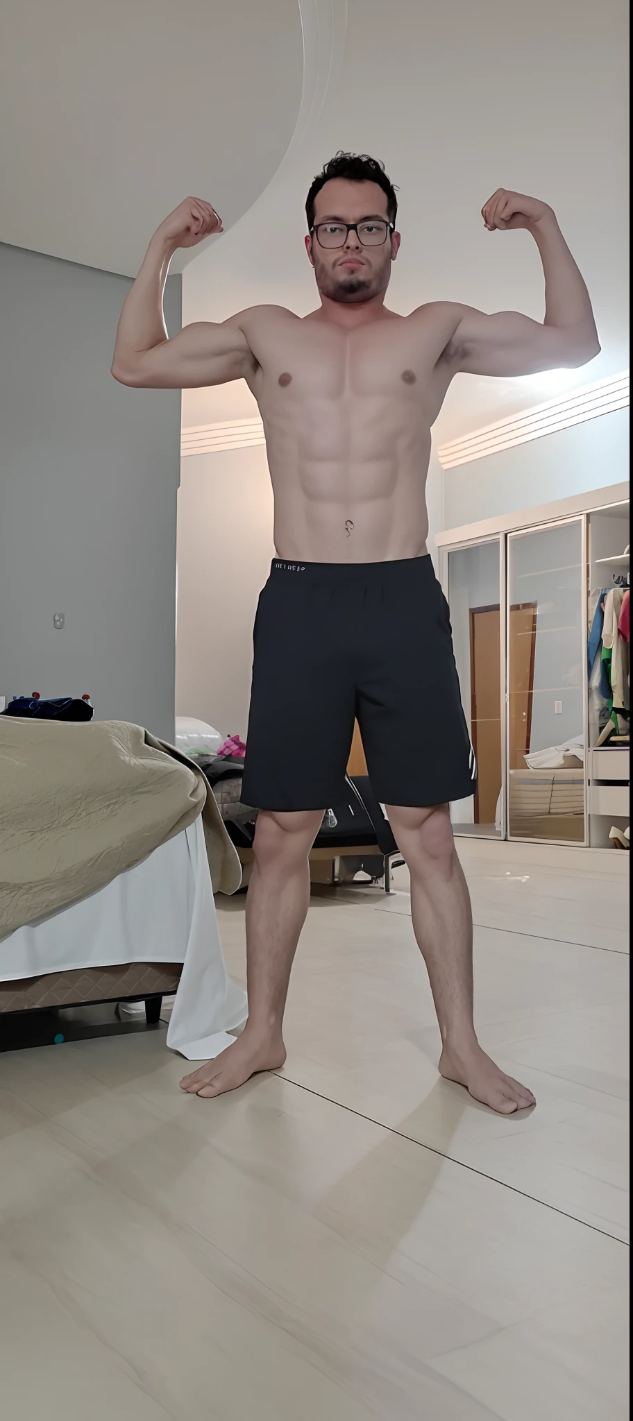 Make that person, com o mesmo rosto, mas com um corpo musculoso de um bodybuilder em bulking, In the same position