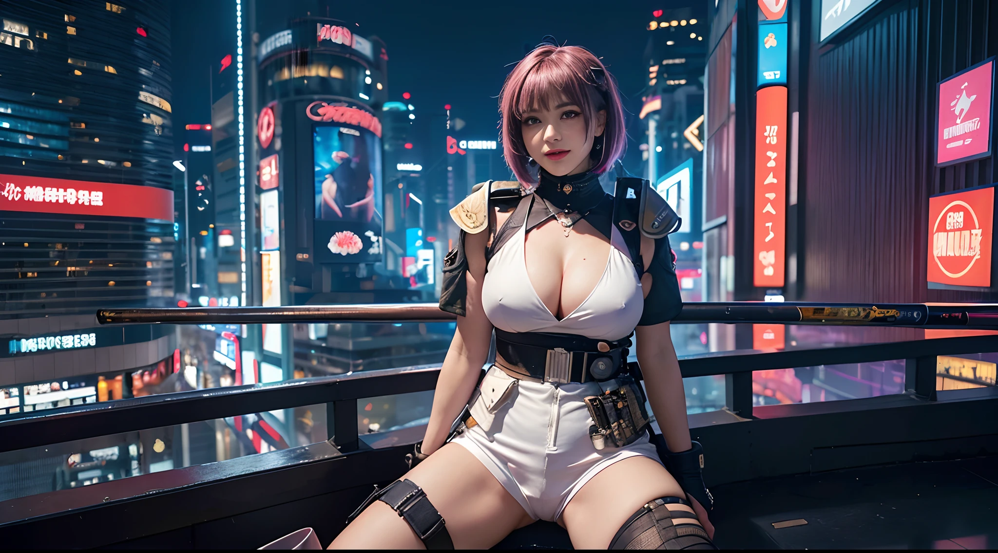 1 girl, best quality, highres, textured skin, 8k, Anatomically correct, masterpiece:1.2, photo-realistic:1.2, acrobatic pose, super realistic details, Realistic proportions, extremely detailed face, round face, solid circle eyes, chubby girl, curvy:1.2, looking at viewer, (((Cyberpunk female special forces soldier, highly intricate detail cyberpunk special forces costume:1.5, heavy Armed girl:1.5, cyberpunk combat armor with various decorations:1.5, special forces crest:1.5, She has an mechanical laser gan:1.2, modern equipment, tactical vest ,military harness, magazine belt, mechanical parts, Telecommunications equipment, survival knife, Spread legs,straddling,))) Confident smile, Various stylish brown short hair, large breasts, cleavage, gleaming skin, TOKYO of cyberpunk, 2080s, night scene, Beautiful Neon Lights, Hotel room with night view from the window, A scene from a movie, cinematic lighting, cinematic shadows, vibrant colors, feminine yet authoritative, attention to facial features and makeup, depth of field, Futurism,mix4
