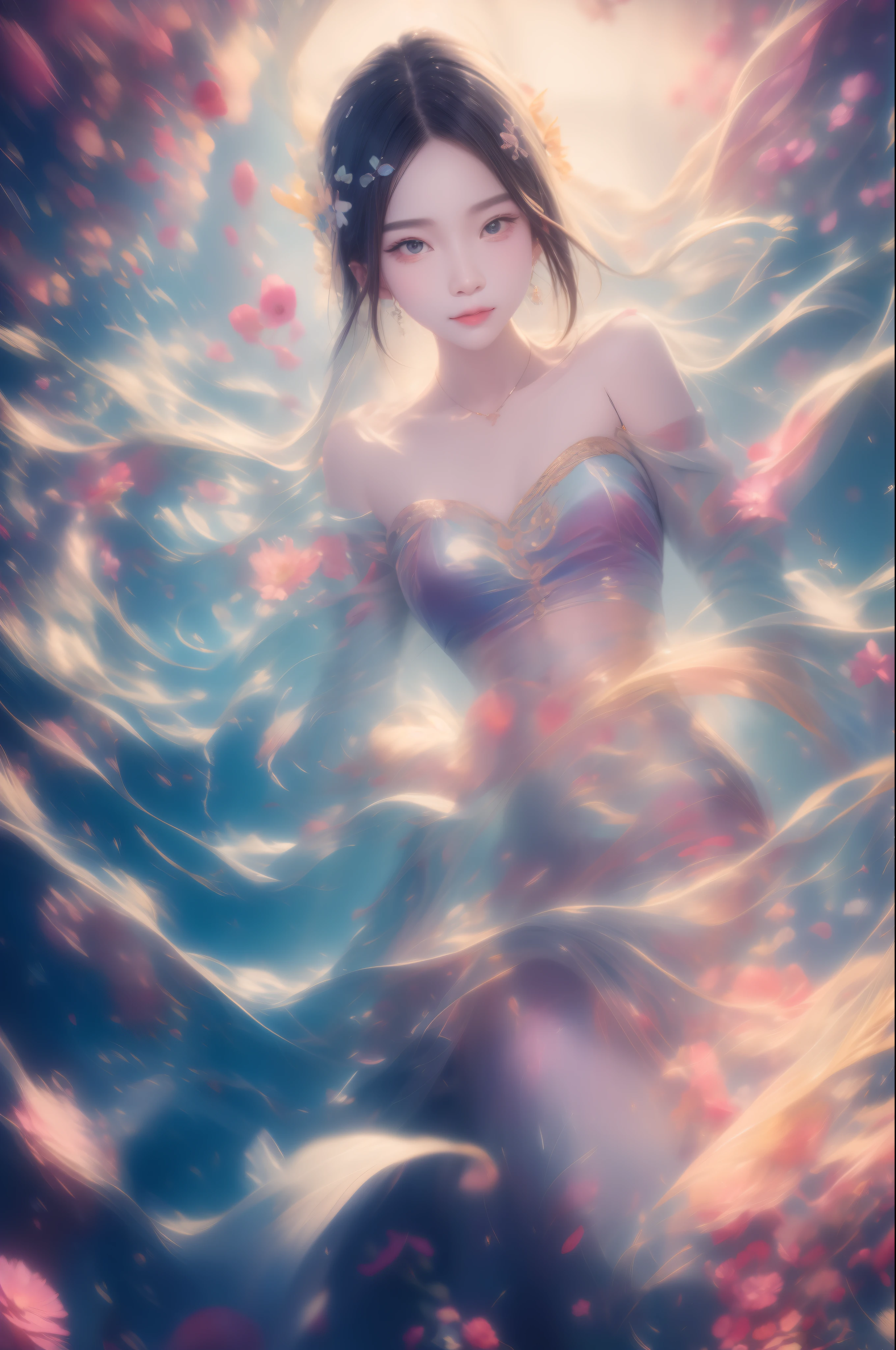 1girl, solo, full body, (masterpiece:1.21), (best quality:1.2), colorful, (illustration:1.2), (cinematic lighting:1.1), (bare shoulders:1.21), (collarbone:1.21) In this whimsical and fantastic garden,The scene is rainbowed(colorful fireflies)illuminate,dance through the air。Soft(Drizzle)Decorate the garden,It creates a hazy and ethereal atmosphere。In the center of the screen,There was a single age girl standing,Extremely delicate girl,Lovely facial features,The expression is innocent。Her long hair fluttered in the wind。She wears an ultra-low-cut strapless dress,Highlight her delicate curves。The lighting is very delicate and beautiful,Creates a soft and warm glow,Highlights the surface of the water,making it sparkle like diamonds。The finest grass is also illuminated,Create a lush carpet。The garden is surrounded by colorful fields of flowers,Flowers of all colors and shapes bloom。Various colors and sizes can be seen(Colorful butterflies)Fly around the scene,It adds to the overall sense of wonder and magic。 (Gentlemen),A flush is visible at the bridge of the nose,The mouth opened slightly,It also adds to the overall sense of innocence and youthfulness。Falling petals can be seen floating around her,It adds to the overall romance and beauty。A gentle breeze,The leaves rustle,Flowers sway,Adds to the overall dynamism and vitality。It is a scene of pure wonder and magic,Full of color and beauty,Viewers can lose themselves in this fascinating world,pureerosface_v1,ulzzang-6500-v1.1,