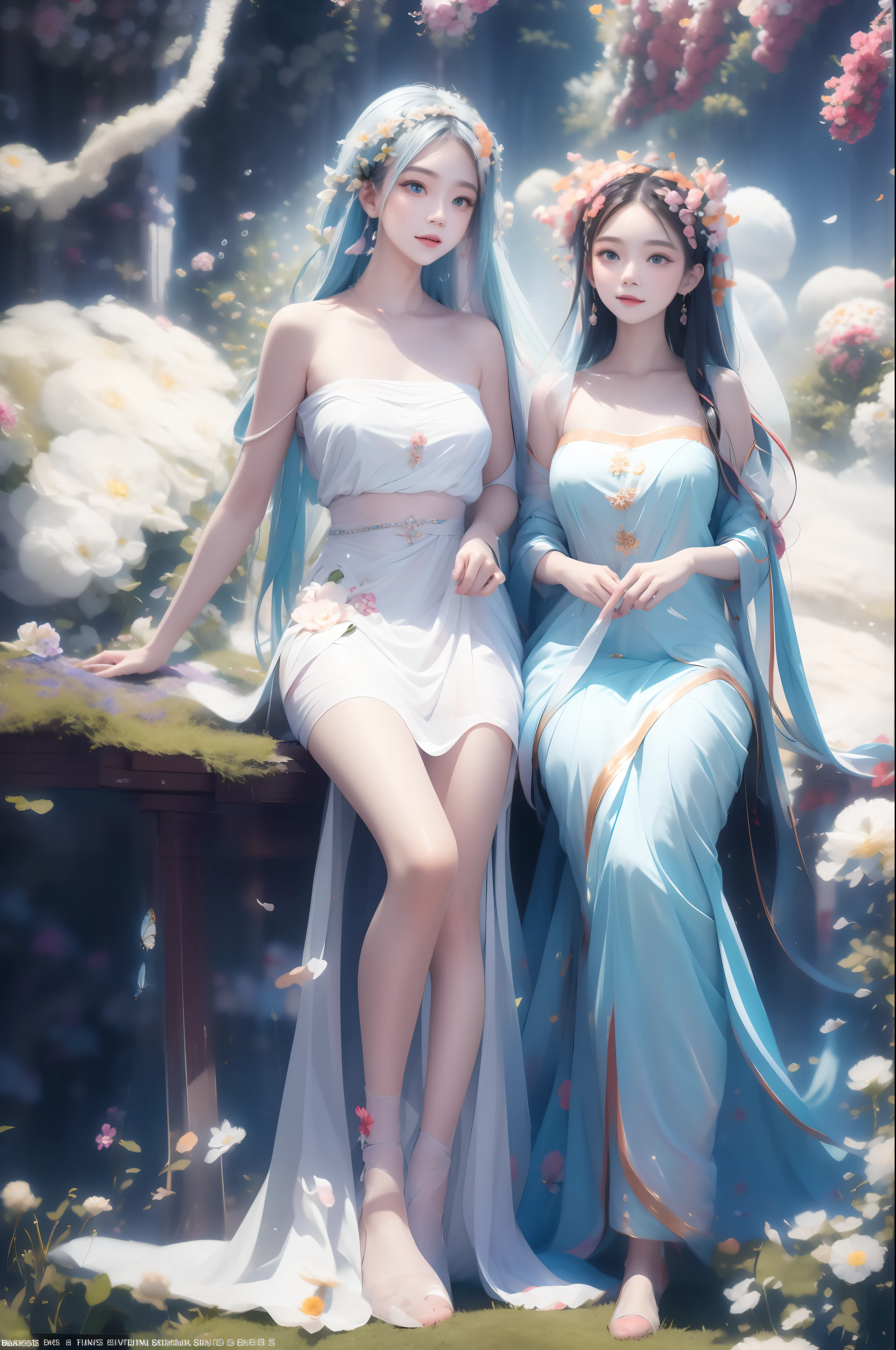 1girl, solo, full body, (masterpiece:1.21), (best quality:1.2), colorful, (illustration:1.2), (cinematic lighting:1.1), (bare shoulders:1.21), (collarbone:1.21) In this whimsical and fantastic garden，The scene is rainbowed（colorful fireflies）illuminate，dance through the air。Soft（Drizzle）Decorate the garden，It creates a hazy and ethereal atmosphere。In the center of the screen，There was a single teenage girl standing，Extremely delicate girl，Lovely facial features，The expression is innocent。Her long hair fluttered in the wind。She wears an ultra-low-cut strapless dress，Highlight her delicate curves。The lighting is very delicate and beautiful，Creates a soft and warm glow，Highlights the surface of the water，making it sparkle like diamonds。The finest grass is also illuminated，Create a lush carpet。The garden is surrounded by colorful fields of flowers，Flowers of all colors and shapes bloom。Various colors and sizes can be seen（Colorful butterflies）Fly around the scene，It adds to the overall sense of wonder and magic。 （Gentlemen），A flush is visible at the bridge of the nose，The mouth opened slightly，It also adds to the overall sense of innocence and youthfulness。Falling petals can be seen floating around her，It adds to the overall romance and beauty。A gentle breeze，The leaves rustle，Flowers sway，Adds to the overall dynamism and vitality。It is a scene of pure wonder and magic，Full of color and beauty，Viewers can lose themselves in this fascinating world，pureerosface_v1，ulzzang-6500-v1.1，