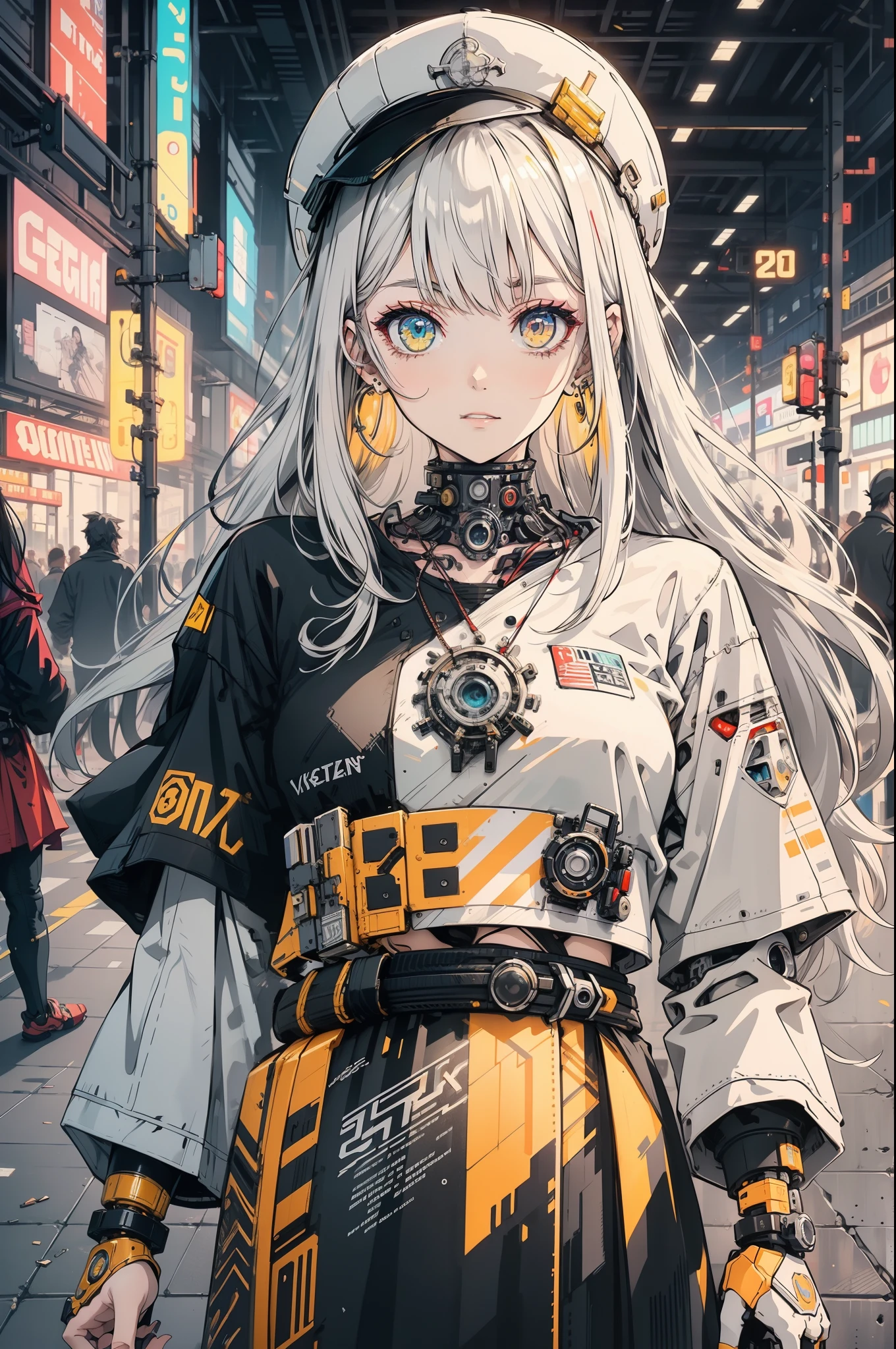 1 Girl, Solo, Colorful, Yellow Eyes, Cyberpunk, Mechanical Scrap Zone, Cityscape, Stud Earrings, Long Messy White Hair, Mechanical Hat, Mechanical Body, Robotic Arm, Mecha, Robot, Mechanical Maiden, Neon Lights, Beautiful Lights, Character Focus, CG Illustration, Bust Shot, 8k Resolution, Very Detailed, Anatomically Correct, Digital Painting, Concept Art, Clear Picture