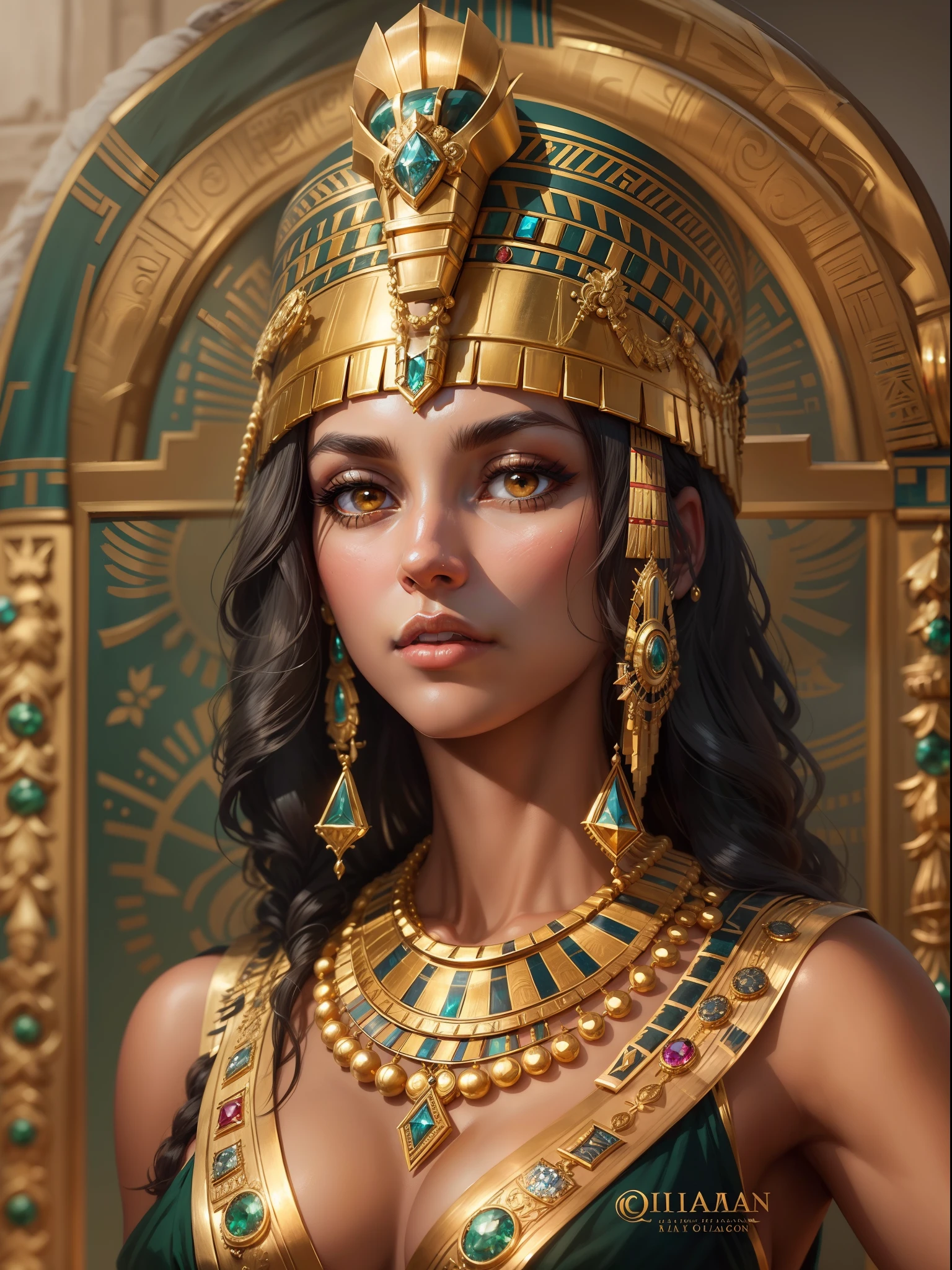 Suitable for the Queen's illustrative style, Create a majestic portrait for Cleopatra, Egyptian pharaoh, Decorated with ornate gold jewelry. Let her gaze radiate strength and wisdom，Because she wears an intricate headdress set with dazzling gemstones, Her neck is adorned with a lavish gold necklace. Bring the charm of ancient Egypt to life in this palatial depiction