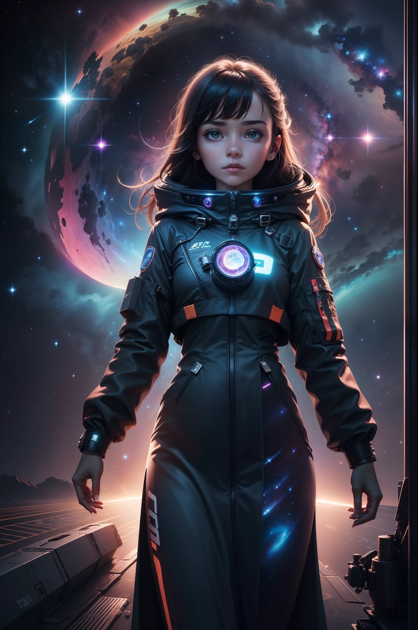 Crie uma imagem de uma garota corajosa, vestindo um traje espacial futurista, montada em uma moto espacial (((of bold and technological design))), Hovering over the vastness of outer space. She will be in the midst of a dazzling stellar backdrop, with colorful nebulae and bright stars stretching as far as the eye can reach. The spacecraft will emit traces of neon lights, creating a stunning effect while cutting through interstellar space. The girl will have a look of determination on her face and will be with an expression of wonder as they explore the wonders of the universe.