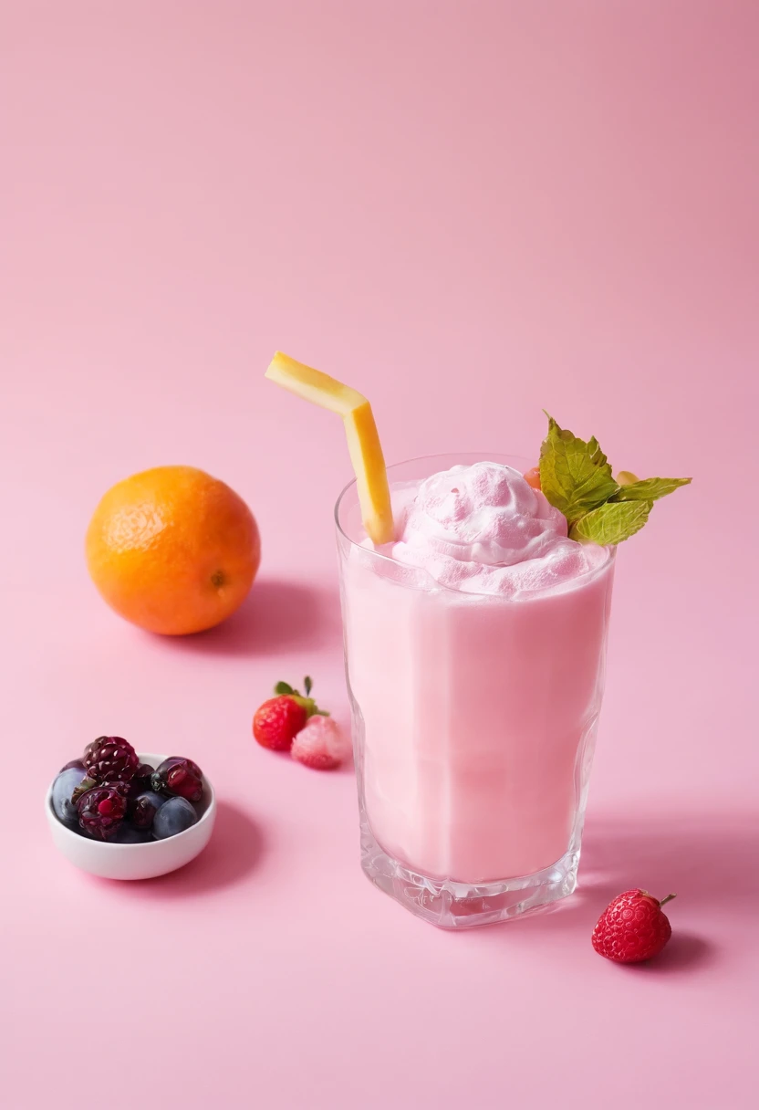 a fruit dessert with a drink standing on a pink table, in the style of uniformly staged images, juliana nan, creased, pierre-mony chan, wimmelbilder, eye-catching, leica cl