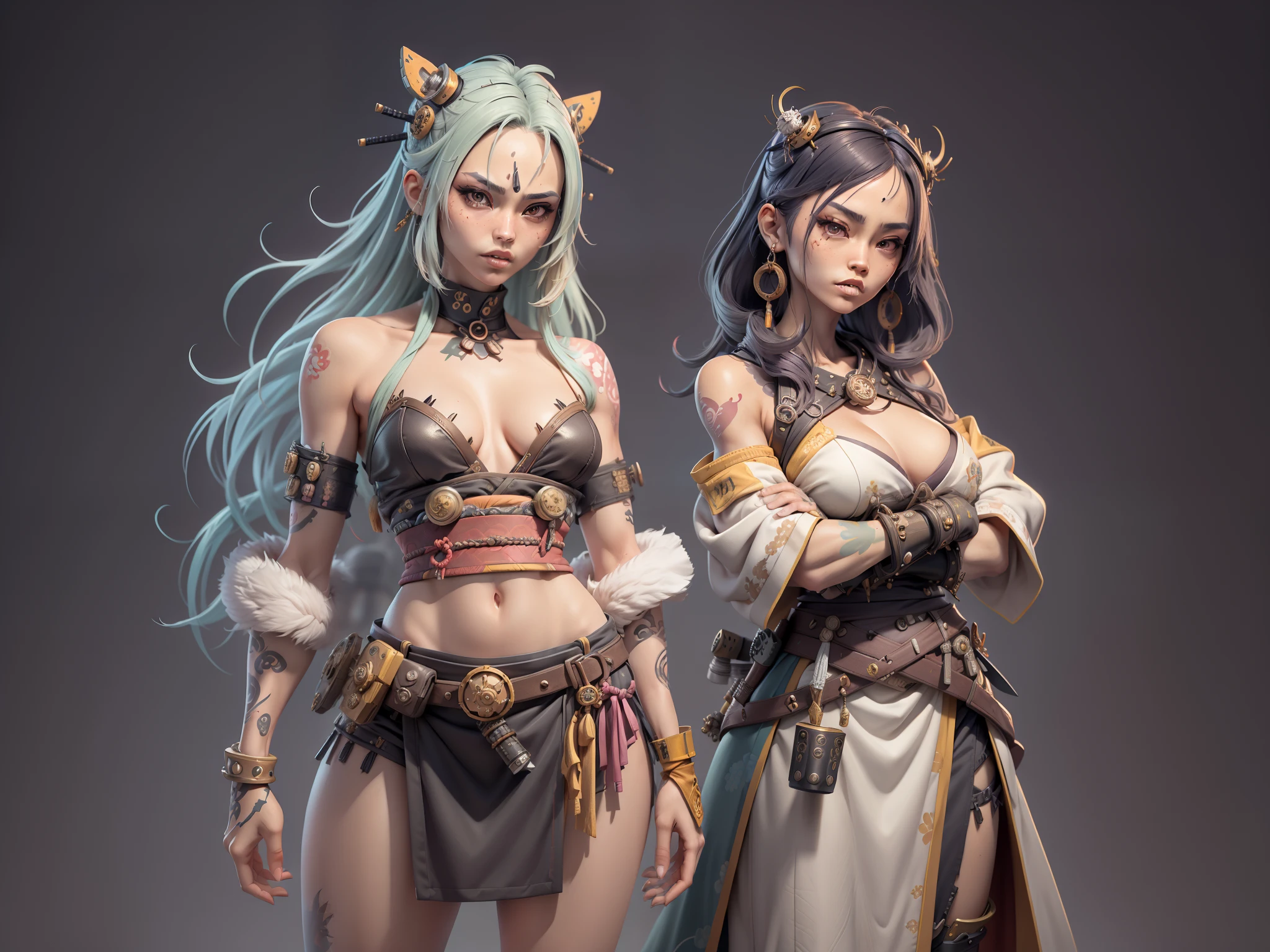 (((woman))), (((best qualityer))), (((tmasterpiece))), (((AS-Adult))), ((( Japanese ))), Look up from your knees, A beautiful asian samurai woman with perfect body, Modern samurai, ((( Asian))), Wear gloves on your hands,The left arm is made of steel and metal tips,Made of protective devices, The eyes are pulled, (( Appears below the breast )), (( Small dental floss )), Simon Bisley, Almost naked(Simon Bisley)Castle City Wilderness,For high-resolution posters, hair straight, Minimum clothing, armure (Crazy clothes ), Full of tips and rivets, tribal tattoos, (((full bodyesbian))), Straight brunette hair,Colored hair ends