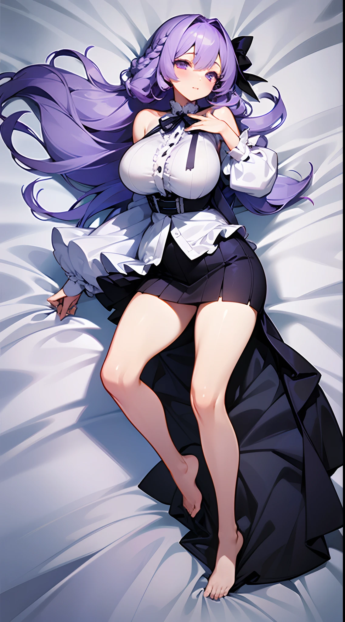 1 girl, game CG, frilled shirt that shows shoulders, short skirt, hair ribbon, gigantic breasts, light purple hair, long hair, french braid, purple eyes, dakimakura, full body,