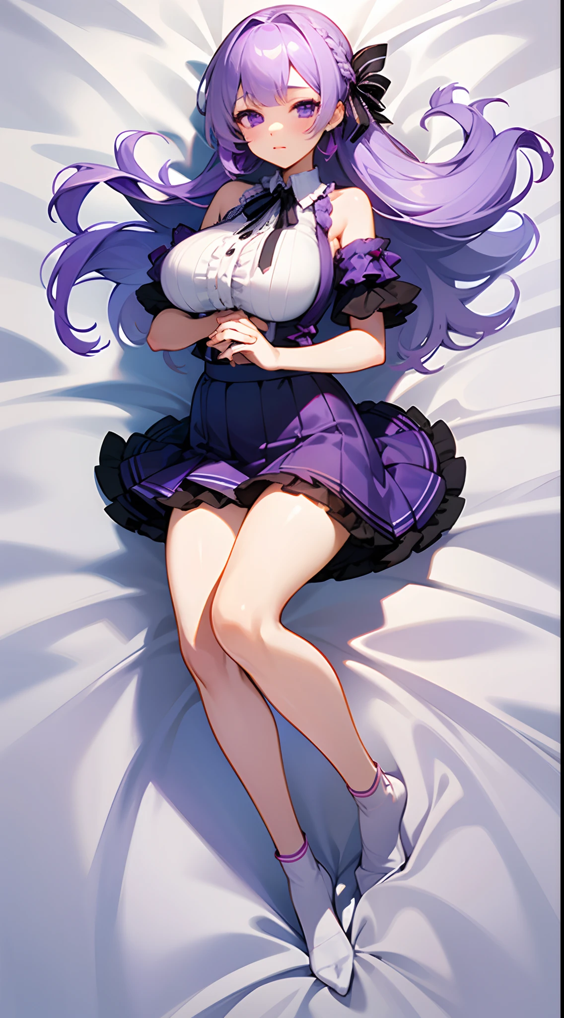 One person, One person, Hanekawa Wings, Hanekawa Wings \(Monogatari Series\), Dark purple hair, two large braids, Round-rimmed glasses,, Large Breasts, Wide Hips, thick and fluffy thighs, Big round ass, Black pleated skirt, Black knee-high socks, (((':3-legged face))), :3, , Love hotel room, Pink lighting, masterpiece, 4K resolution、Bare Chest、Troubled expression、Protruding nipples、masterpiece、Super detailed,8k、Lying in bed、Taking off your bra、Raise both arms up、Open your mouth