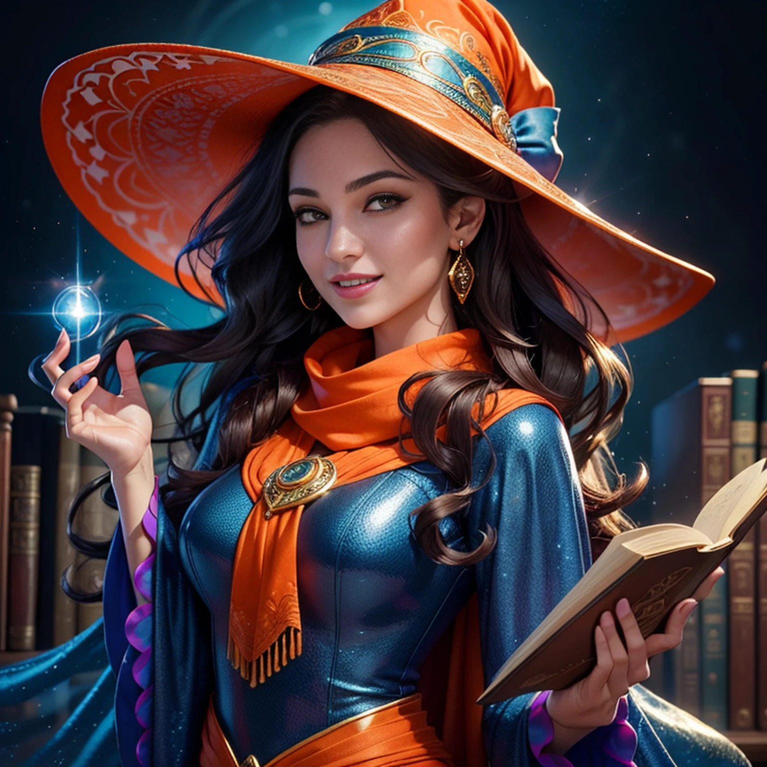 woman in her 20s, (perfect face), defined jawline, (beautiful bright orange eyes:1.2), beautiful lips, beautiful wide smile, (cute cheerful facial expression), (long dark brown flowing wavy hair), (intricate blue long-sleeved enchantress outfit), scarf, (big intricate blue witch hat), (warm volumetric lighting), looking at viewer, (medium shot photograph), (vibrant magic library background), photorealistic