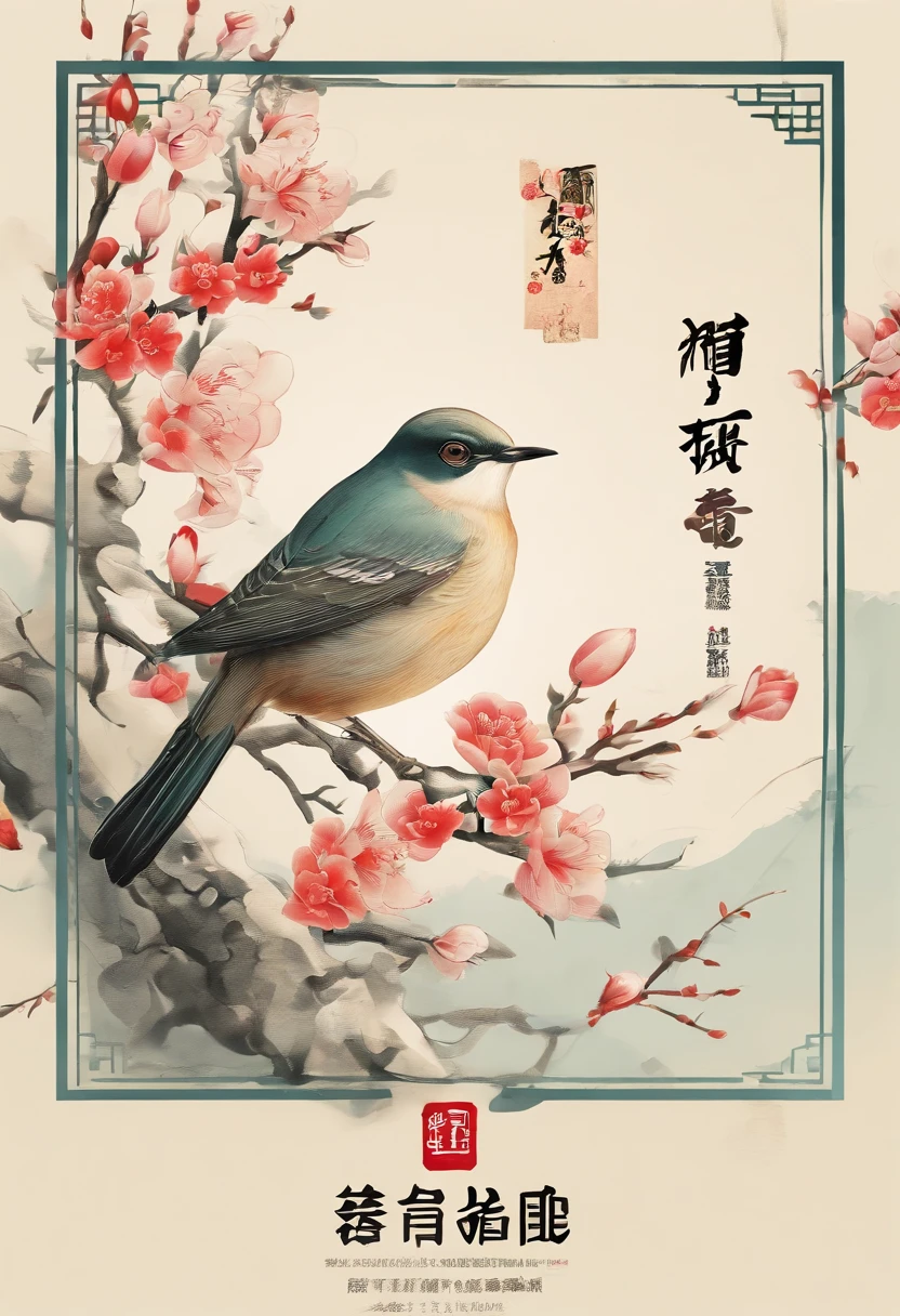 Spring，Traditional Chinese solar terms，early spring，(((Spring flowers)))，National style，On the flower branches((Thrush))，No other elements