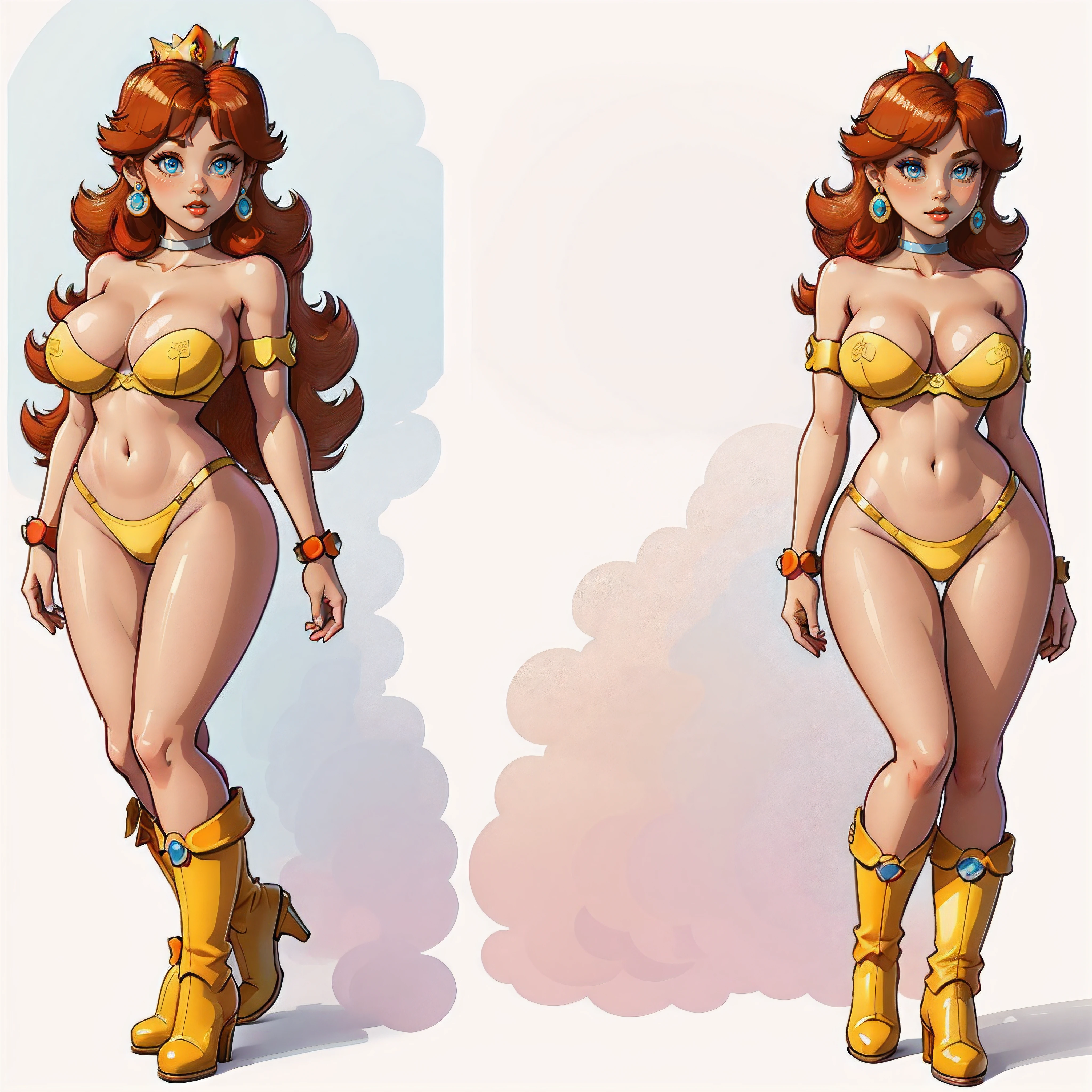 STICKER, A detailed illustration of a vivid Sexy Princess Daisy from Mario naked, bare breasts, face view, ass view, side by side, Solo Female, medium breasts, full cleavage, Full Body View, high heeled boots, legs apart, hands behind her body, vintage t-shirt design, in the style of hand drawing, 3D vector art, fantasy art, watercolour effect, Adobe Illustrator, hand-drawn, digital painting, low-poly, soft lighting, isometric style, retro aesthetic, focused on the character, 4K resolution, photo realistic rendering, using Cinema 4D,
