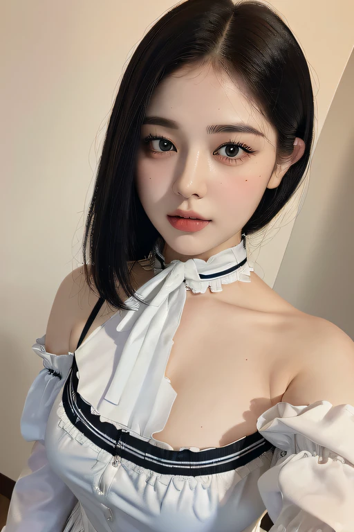 ((Best quality, 8k, HD instant Photo Realistic, Masterpiece :1.3)), Cell phone picture quality, ((Thick, Short & curvy, Beautiful)), 1 OL, Pretty russian white woman :1.3, ((Short shoulder-length Black hair)), ((white collared blouse)), big breasts, Ultra-detailed and very realistic face, Detailed sexy eyes, Double eyelid