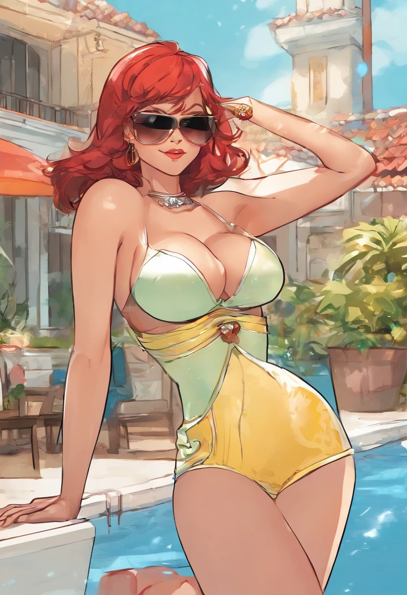 (Best quality, 4k, Masterpiece :1.3), beautiful woman, hyper realistic, 1girl, (droopy breasts, attractive body :1.2), sit-ups :1.1, short red hair: 1.1, (wet rainy, wet by rain, wet body :1.2), ultra-detailed face, detailed lips, detailed eyes, double eyelid, sensual low-necked dress, open neckline, hanging breasts, side pose, visible curves, pool party, poolside, silver transparent mantle,sunglasses, muscular turned leg