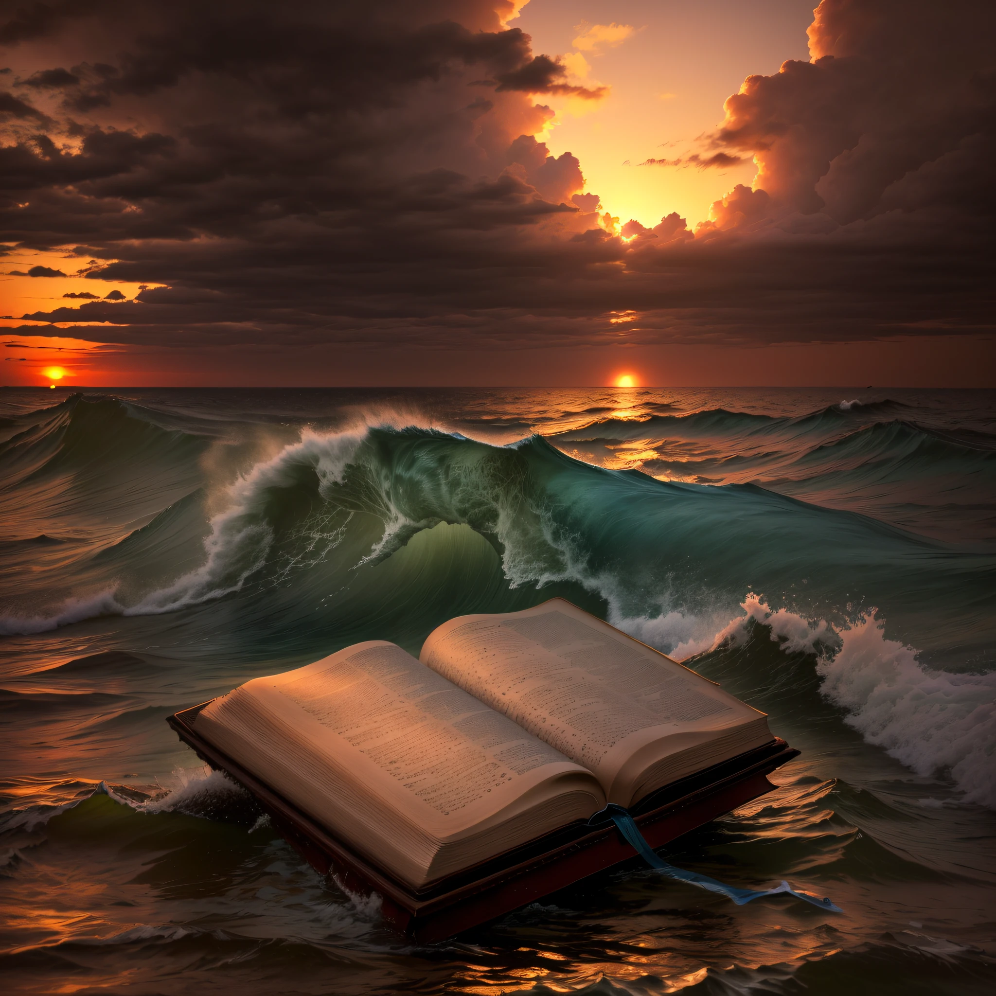 Bible in the ocean with a sunset in the background, bible illustration, Bible, biblical, biblical image, em mares agitados com ondas grandes, mar, epic biblical representation, apocalyptic tumultuous sea, boat, no oceano, Shutterstock, Erguendo-se do oceano, deluge, uma obra-prima de storytelling, Antigo Testamento, incredible depth, incredible depth