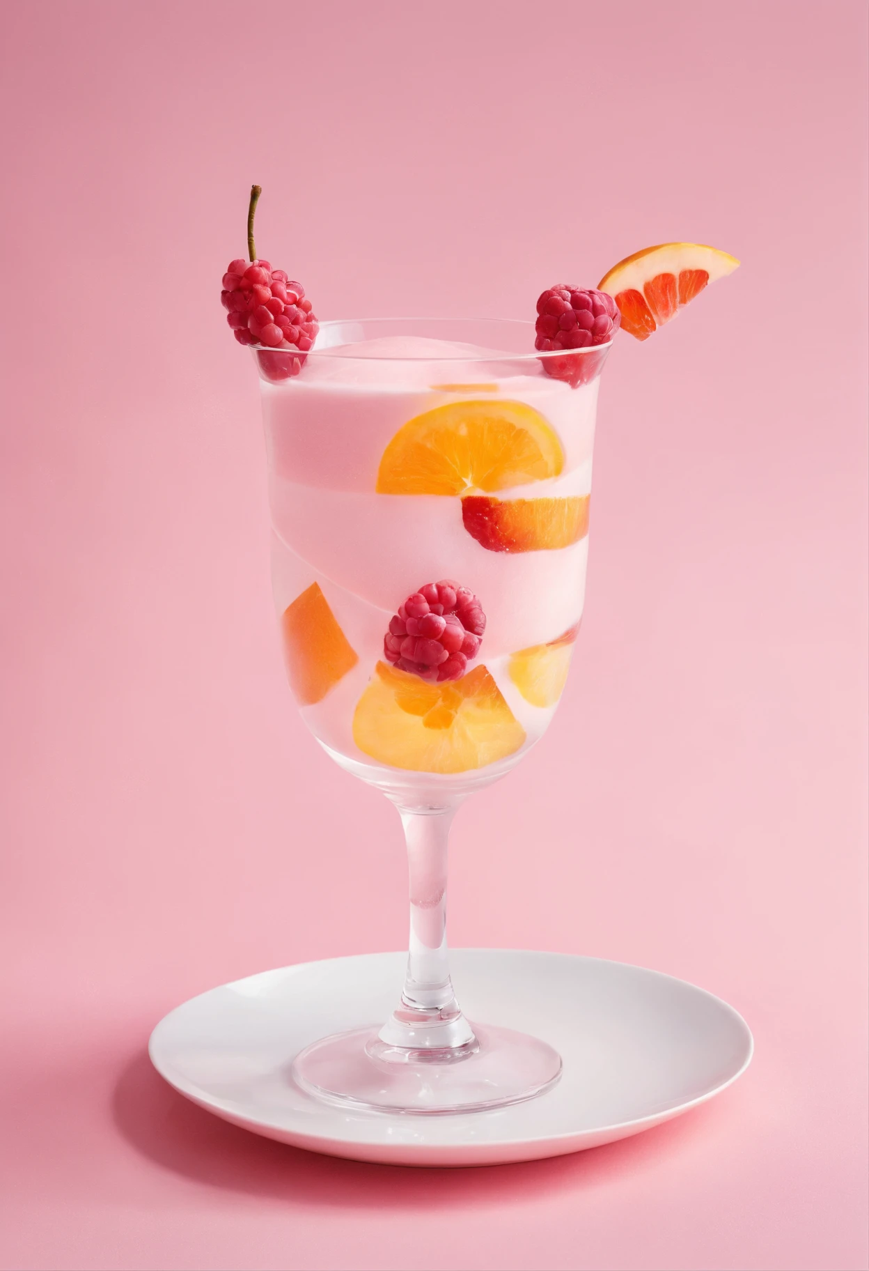 a fruit dessert with a drink standing on a pink table, in the style of uniformly staged images, juliana nan, creased, pierre-mony chan, wimmelbilder, eye-catching, leica cl