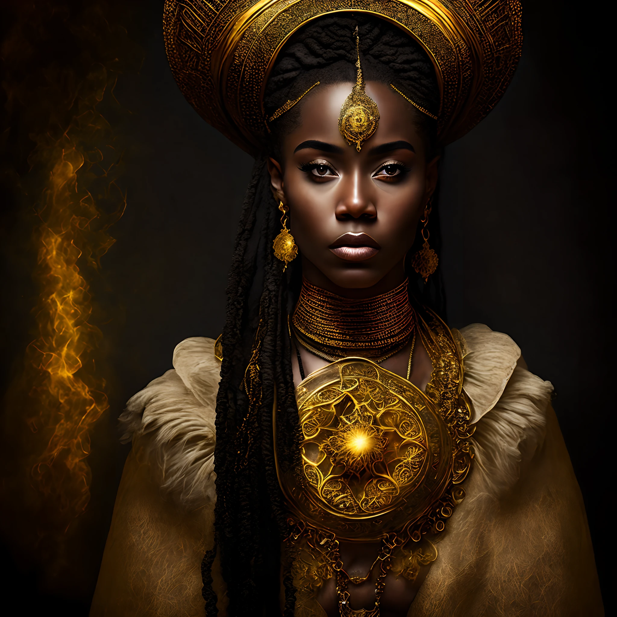 "Foto RAW, Melhor,master part, melhor qualidade, alta qualidade, extremamente detalhado,Uma bruxa de pele negra misteriosa e cativante em trajes elegantes, cabelos Dreadlocks branco e olhos amarelos dourado penetrantes, de abas largas, Pointed hat, surrounded by an enchanting aura of magic and mystery."