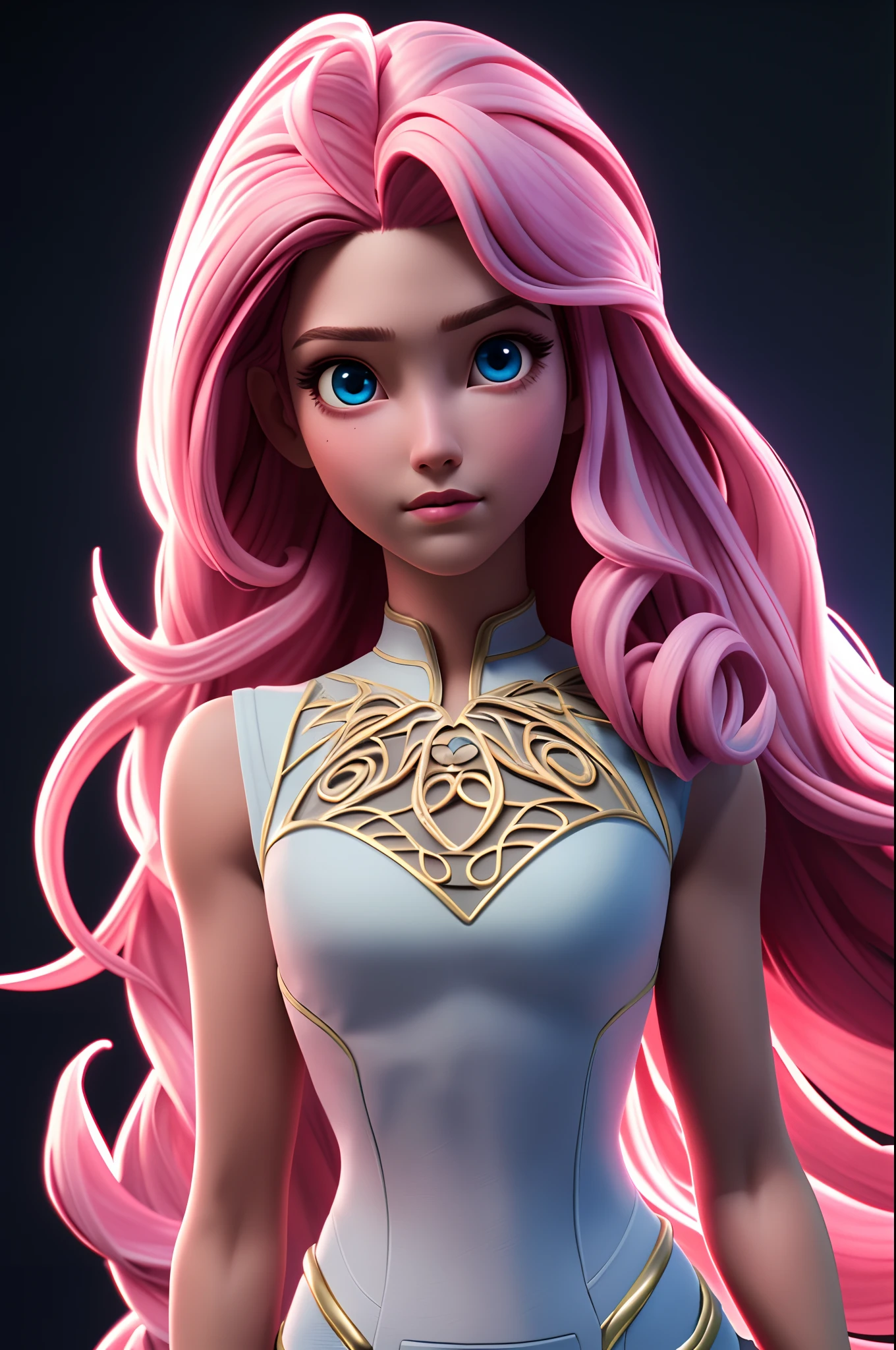 Best quality female, very long curly pink volumetric hair, gorgeous face, beautiful eye, slim body, perfect anatomy, cinematic perfect light, intricate details