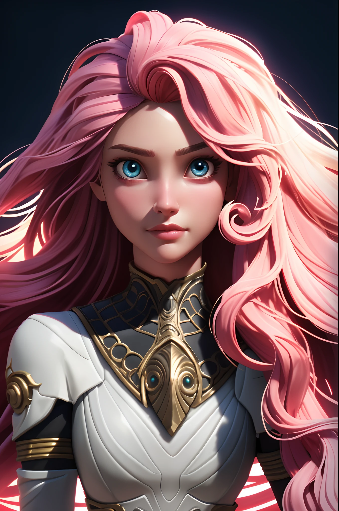 Best quality female, very long curly pink volumetric hair, gorgeous face, beautiful eye, slim body, perfect anatomy, cinematic perfect light, intricate details