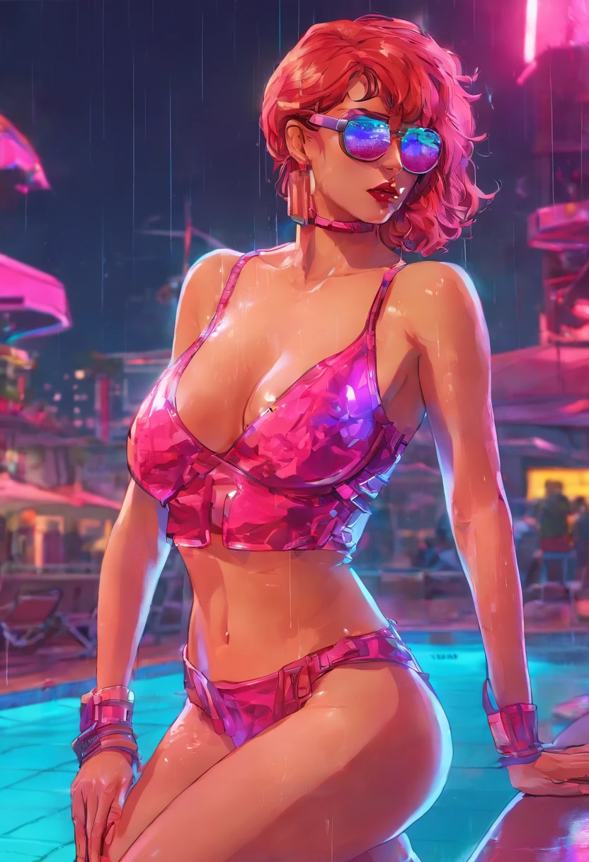 (Best quality, 4k, Masterpiece :1.3), beautiful woman, hyper realistic, 1girl, (droopy breasts, attractive body :1.2), sit-ups :1.1, short red hair: 1.1, (wet rainy, wet by rain, wet body :1.2), ultra-detailed face, detailed lips, detailed eyes, double eyelid, sensual low-necked dress, open neckline, hanging breasts, side pose, visible curves, pool , poolside, silver transparent mantle,sunglasses, muscular turned leg