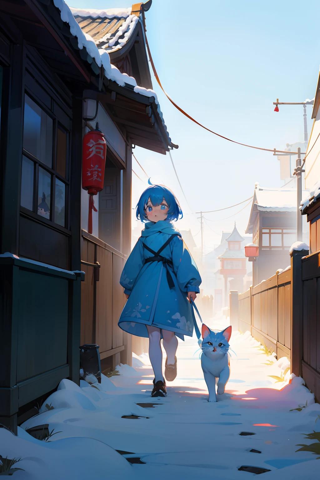 Cute little girl walking in Beijing hutong in early winter,
One cute cat,
First, snow, clear morning, sunny sun, blue sky, wind fairy tale, fantasy,Red and blue styles bright background blank，A soft glow illuminates the scene，Watercolor Painting Light Sense，Fairytale，Fantasy bright background，artwork of a，flatillustration，Vito Engay style，16K，ultra - detailed