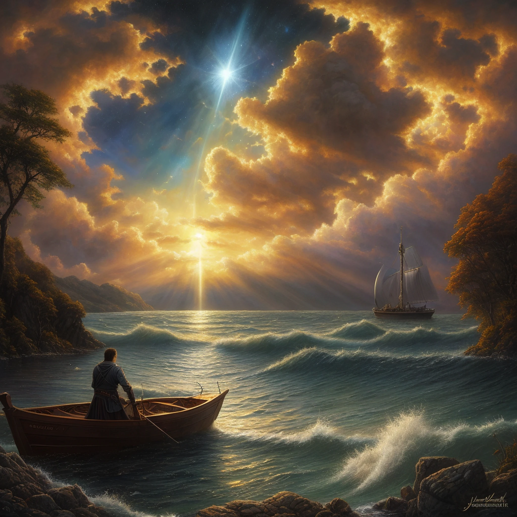 ⁶ And God said:
— Let there be a firmament in the midst of the waters and separation between the waters and the waters.
And God made the firmament and the separation between the waters under the firmament and the waters above the firmament. e assim aconteceu.
⁸ And God called to the firmament "heavens". There was afternoon and morning, o segundo dia.
Genesis 1:6-8, pintura de um homem sentado em um barco em um lago, inspirado em Christophe Vacher, Inspirado em Mark Keathley, Directed by: Christophe Vacher, por Johfra Bosschart, beautiful image ever created, deus raios solares, inspirado em Johfra Bosschart, Luz Celestial, por Jason A. Engle, Directed by: Alexandre Kucharsky, raios do deus do luar