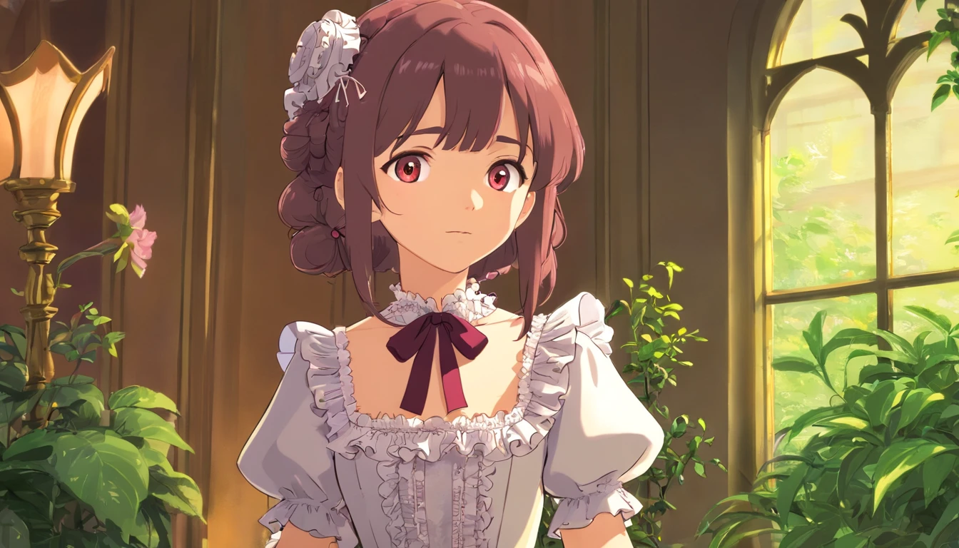 1girl, ruffled gothic lolita, vestido, (renda: 1.4), dinamic pose, (Face looking at the camera, close up: 0.9), indoors, plantas,