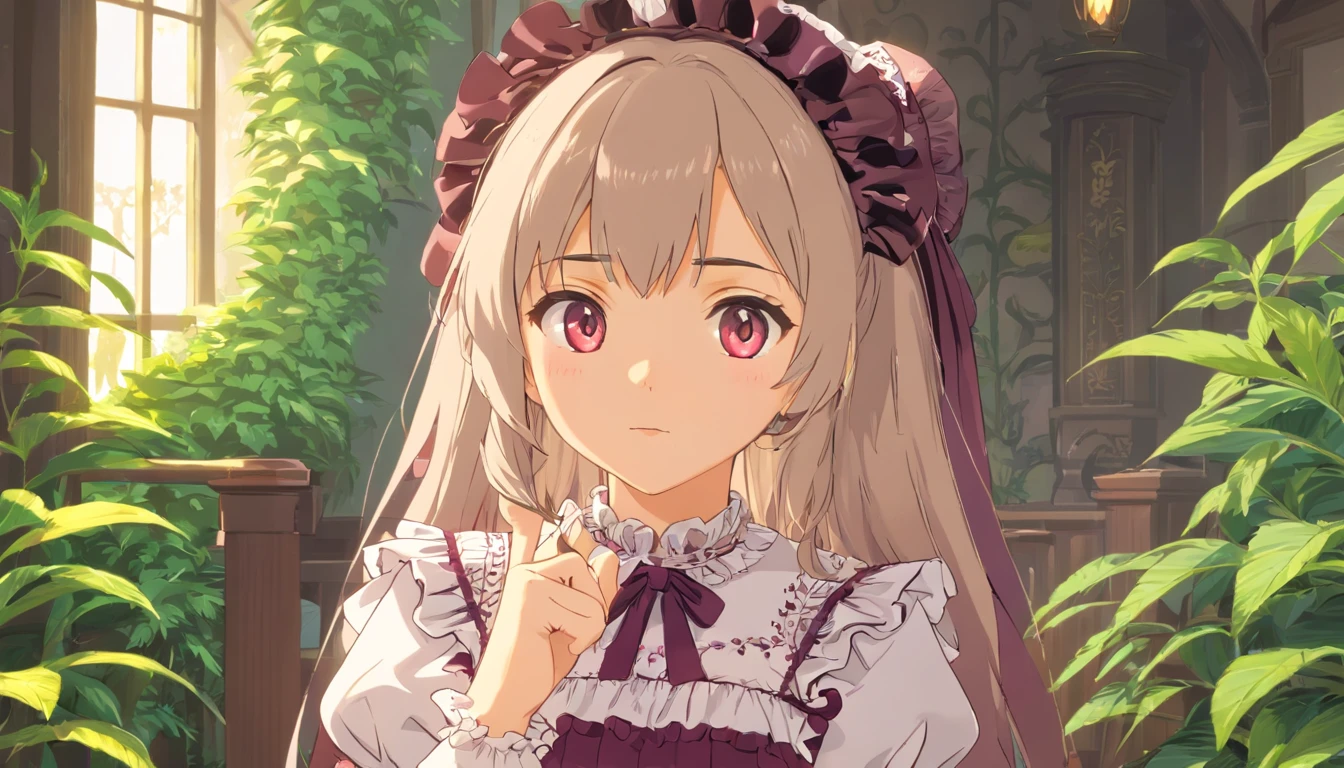 1girl, ruffled gothic lolita, vestido, (renda: 1.4), dinamic pose, (Face looking at the camera, close up: 0.9), indoors, plantas,