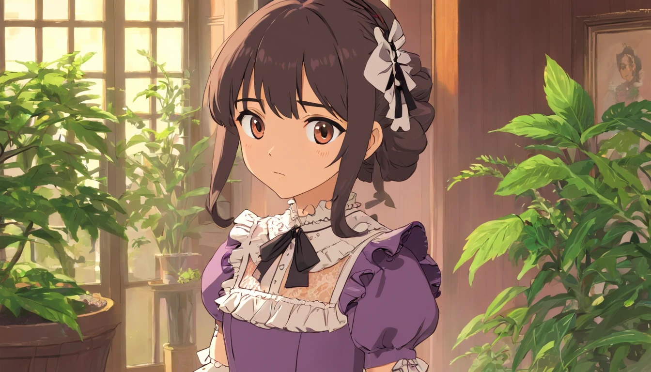 1girl, ruffled gothic ta, vestido, (renda: 1.4), dinamic pose, (Face looking at the camera, close up: 0.9), indoors, plantas,